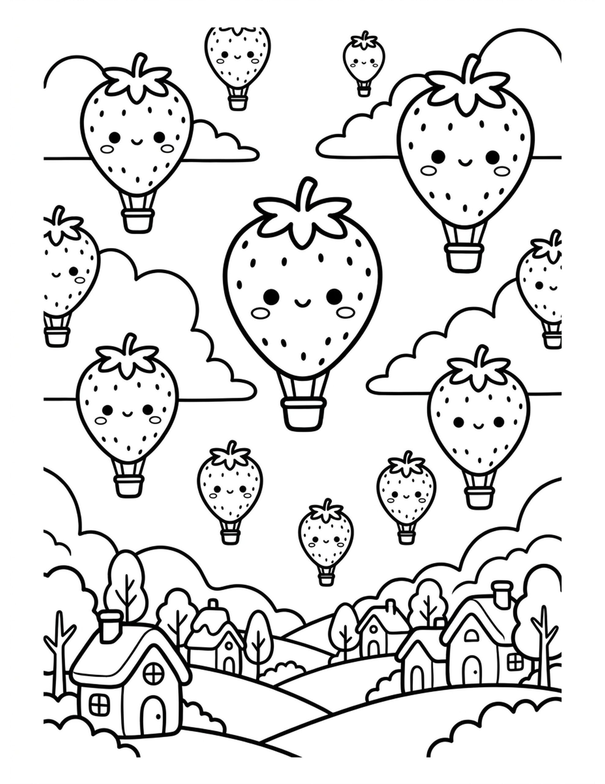 Strawberry-shaped Hot Air Balloons Coloring Page