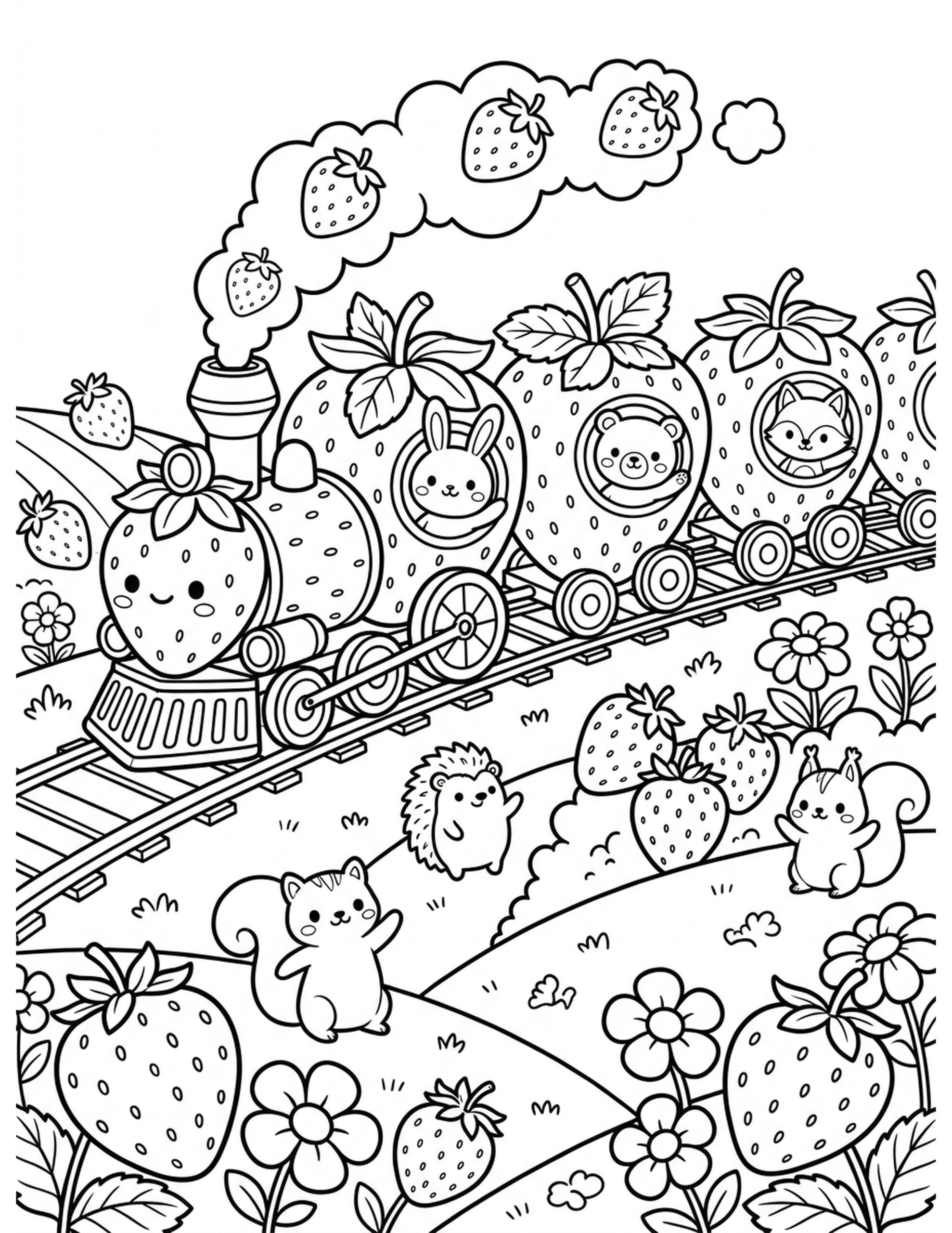 Strawberry Train Adventure Coloring Page