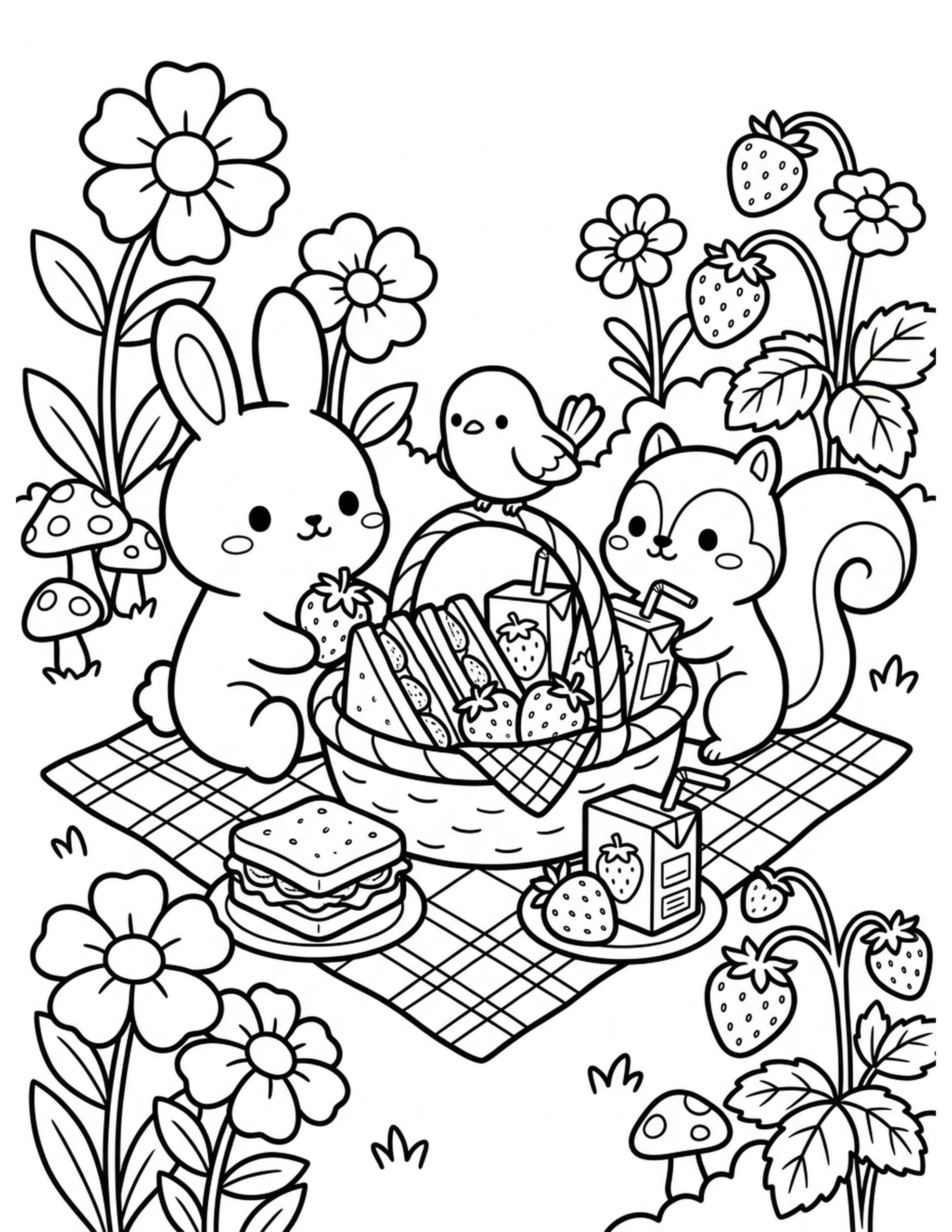 Strawberry Picnic Party Coloring Page
