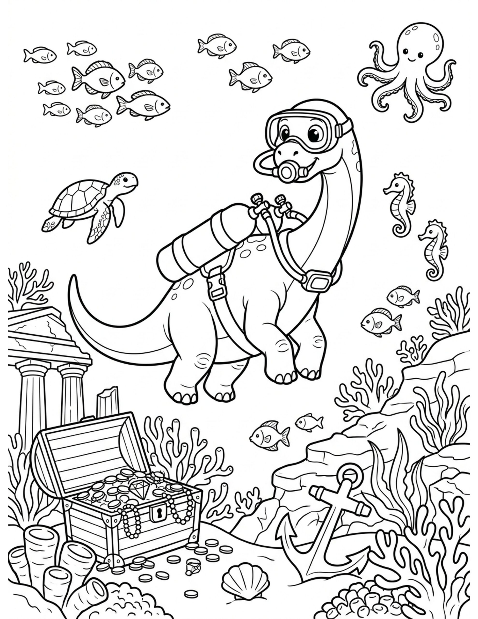 Dino Underwater Exploration Coloring Page