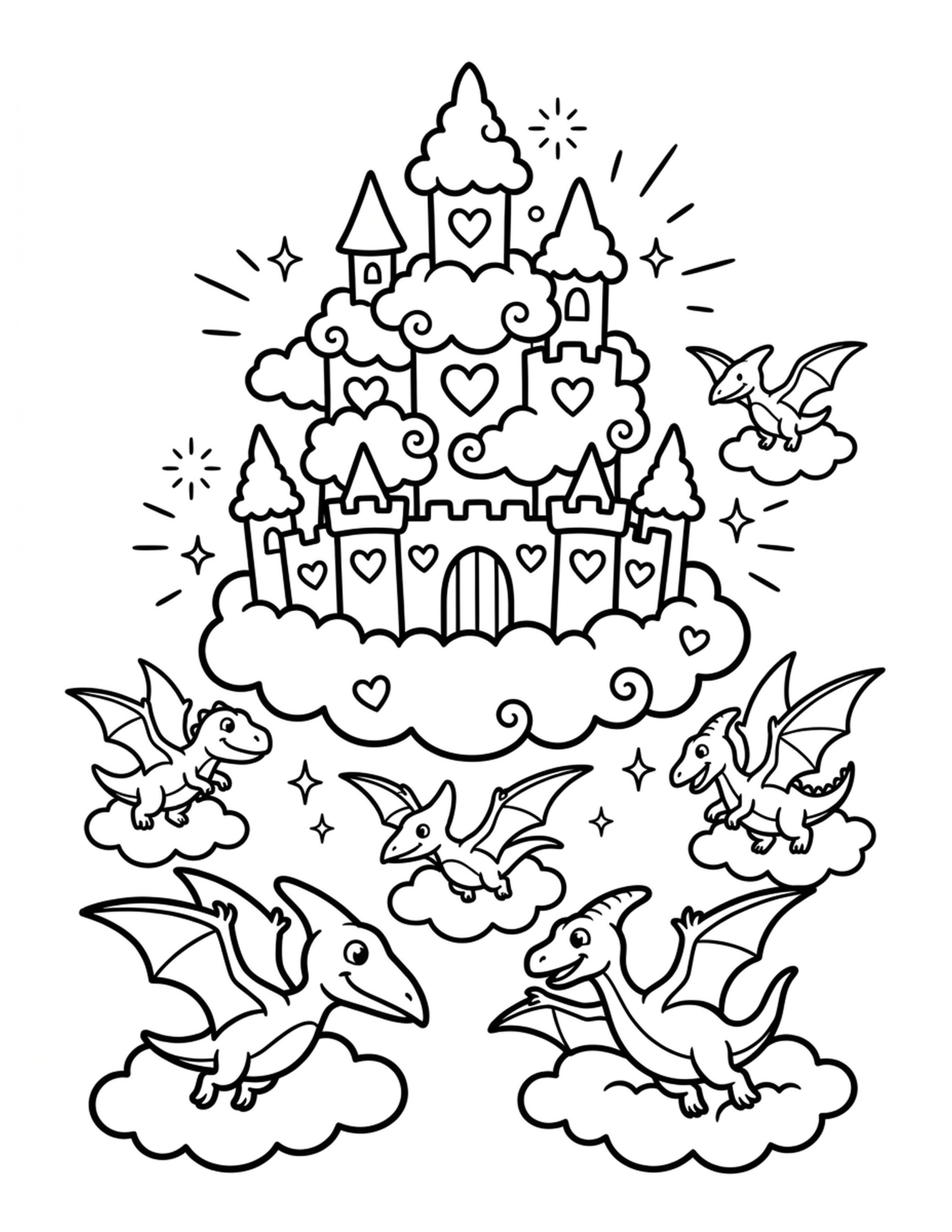 Dinosaurs in the Cloud Castle Coloring Page