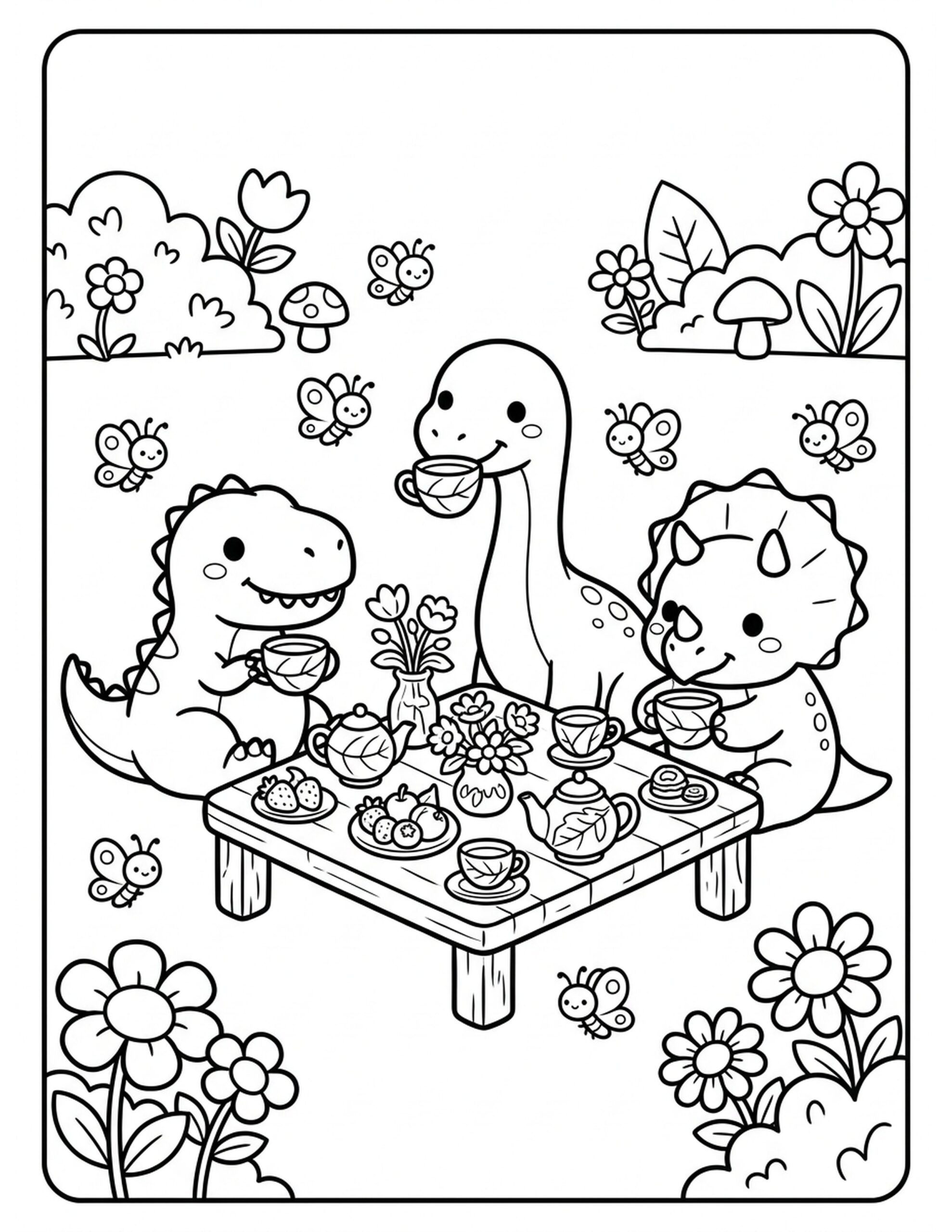 Dinosaur Tea Party Coloring Page