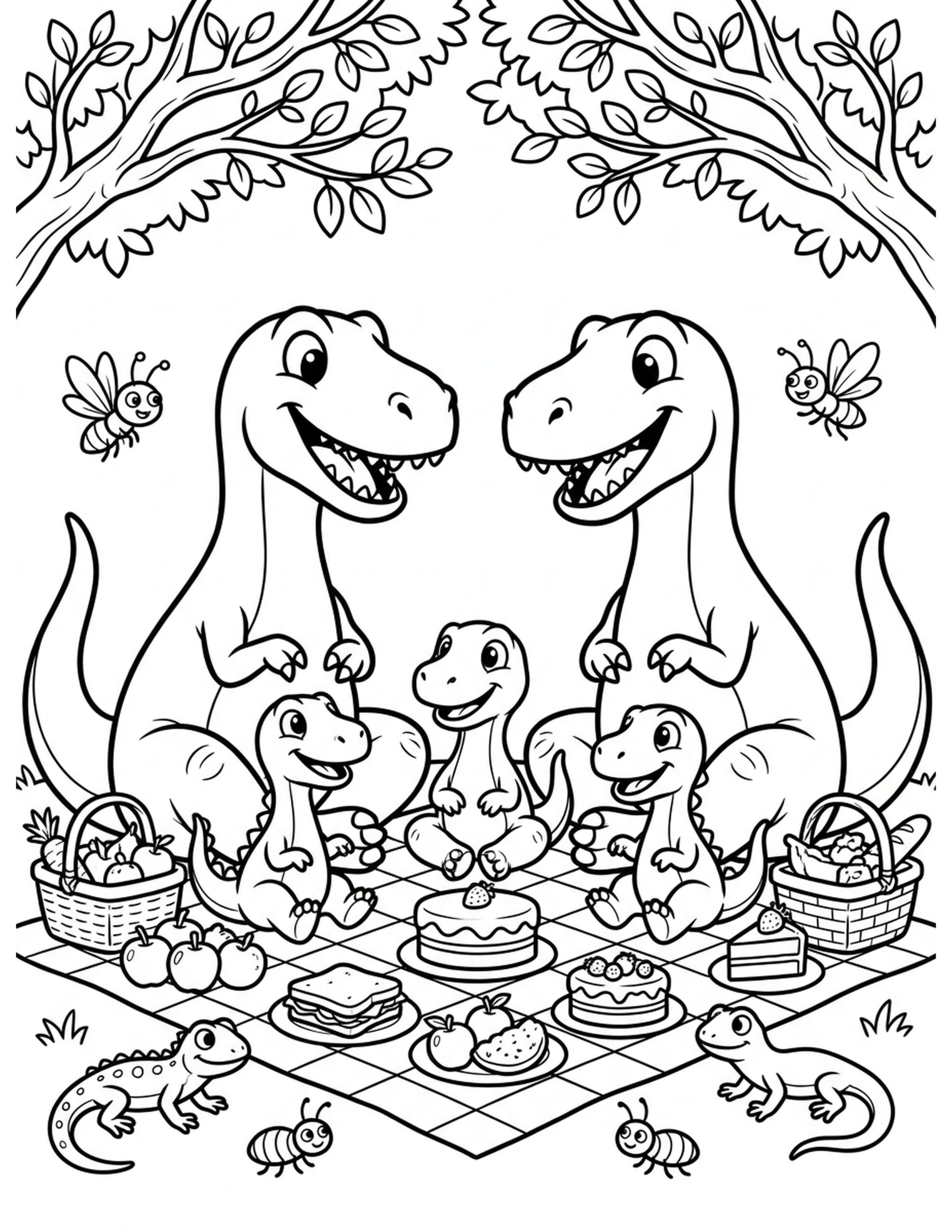 Dino Family Picnic Coloring Page