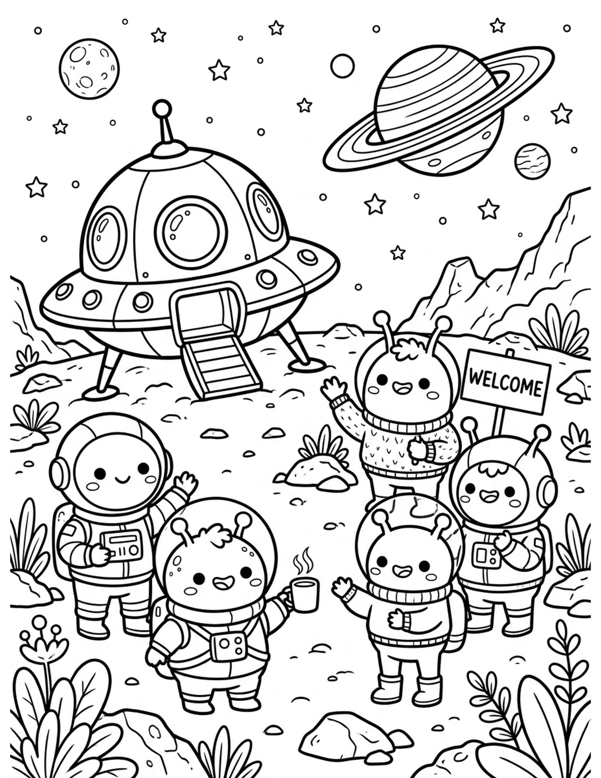 Exploring Saturn's Moons Coloring Page