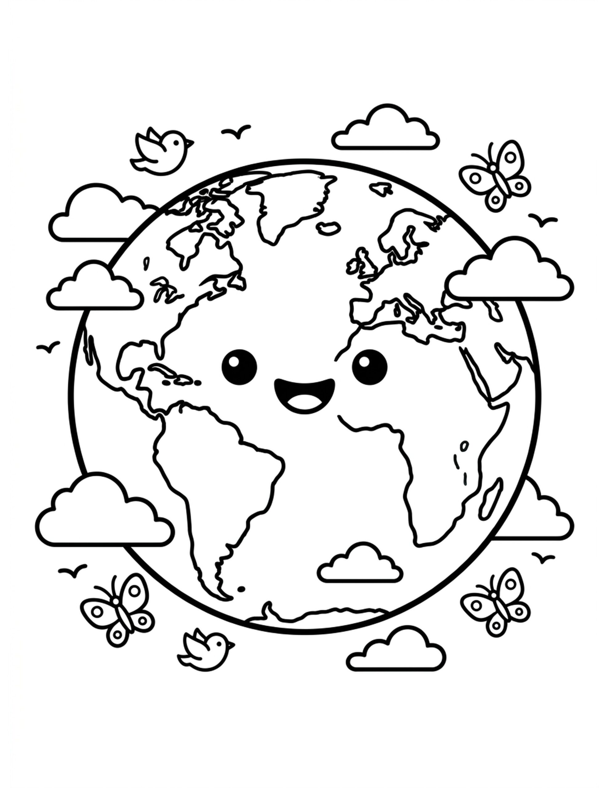 Planet Earth with a Happy Face Coloring Page