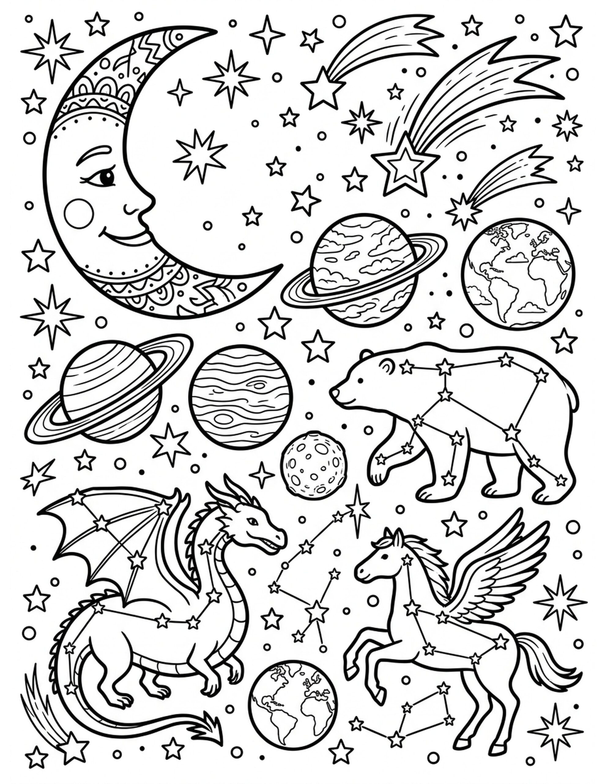 Celestial Bodies in the Night Sky Coloring Page