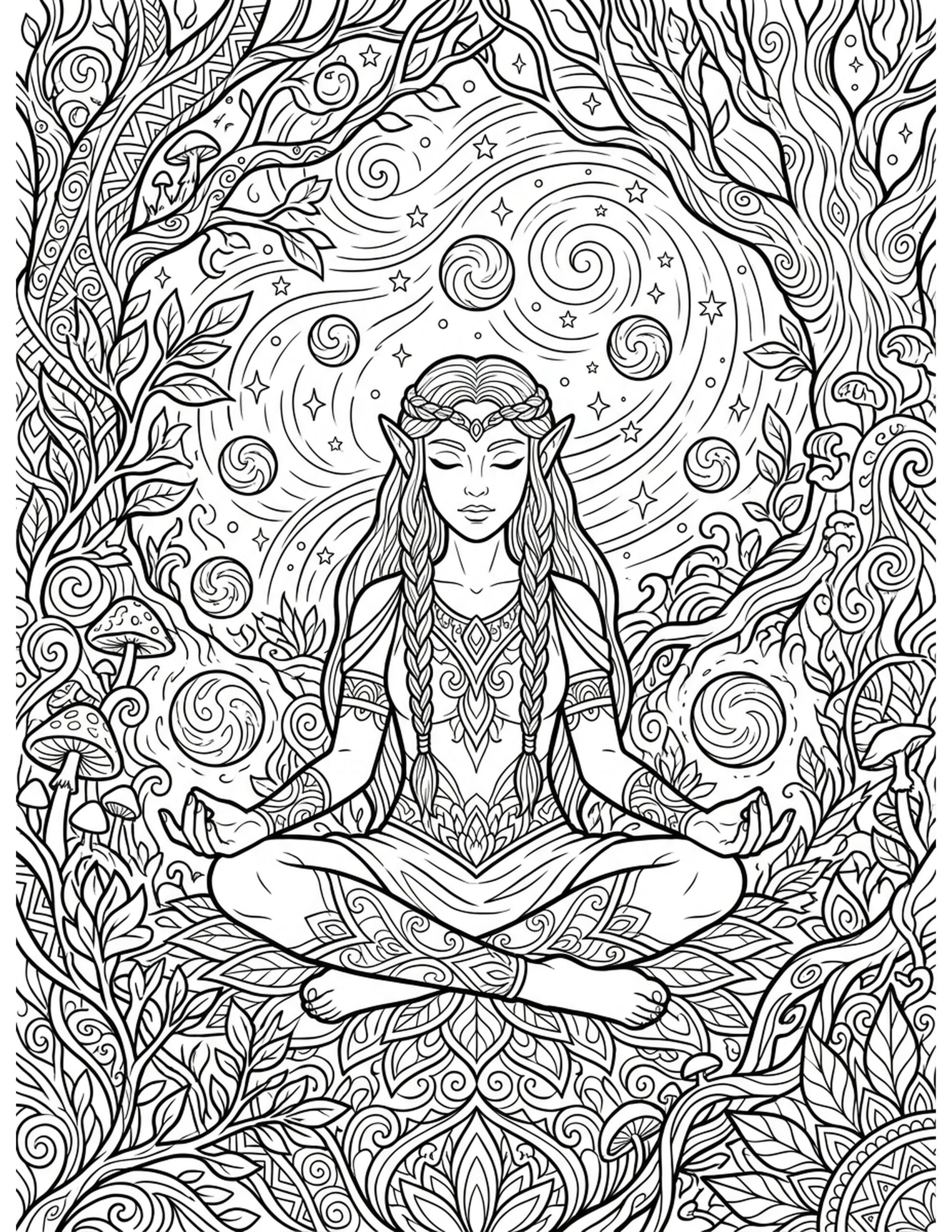 Starry Night Elf Meditation Coloring Page