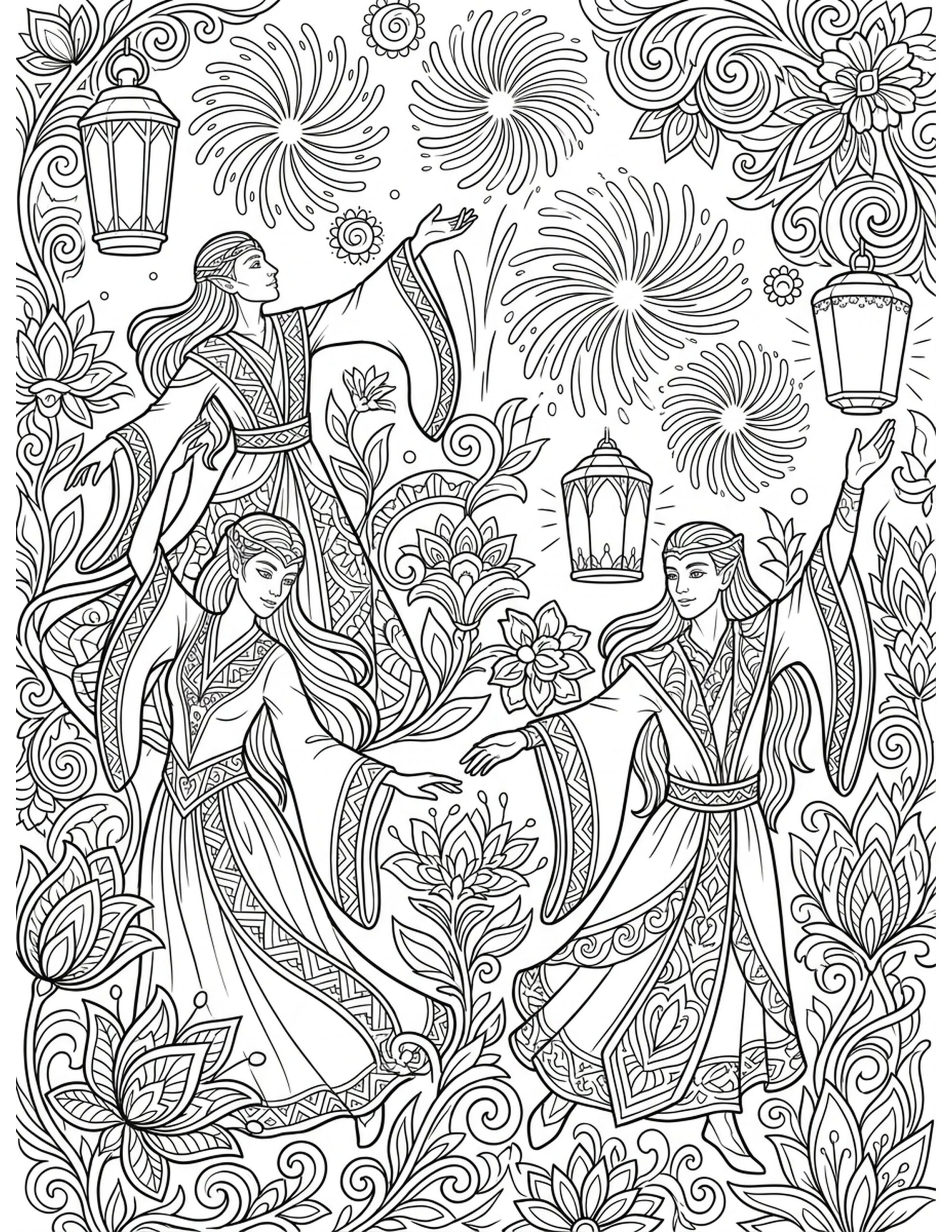 Elven Festival of Lights Coloring Page