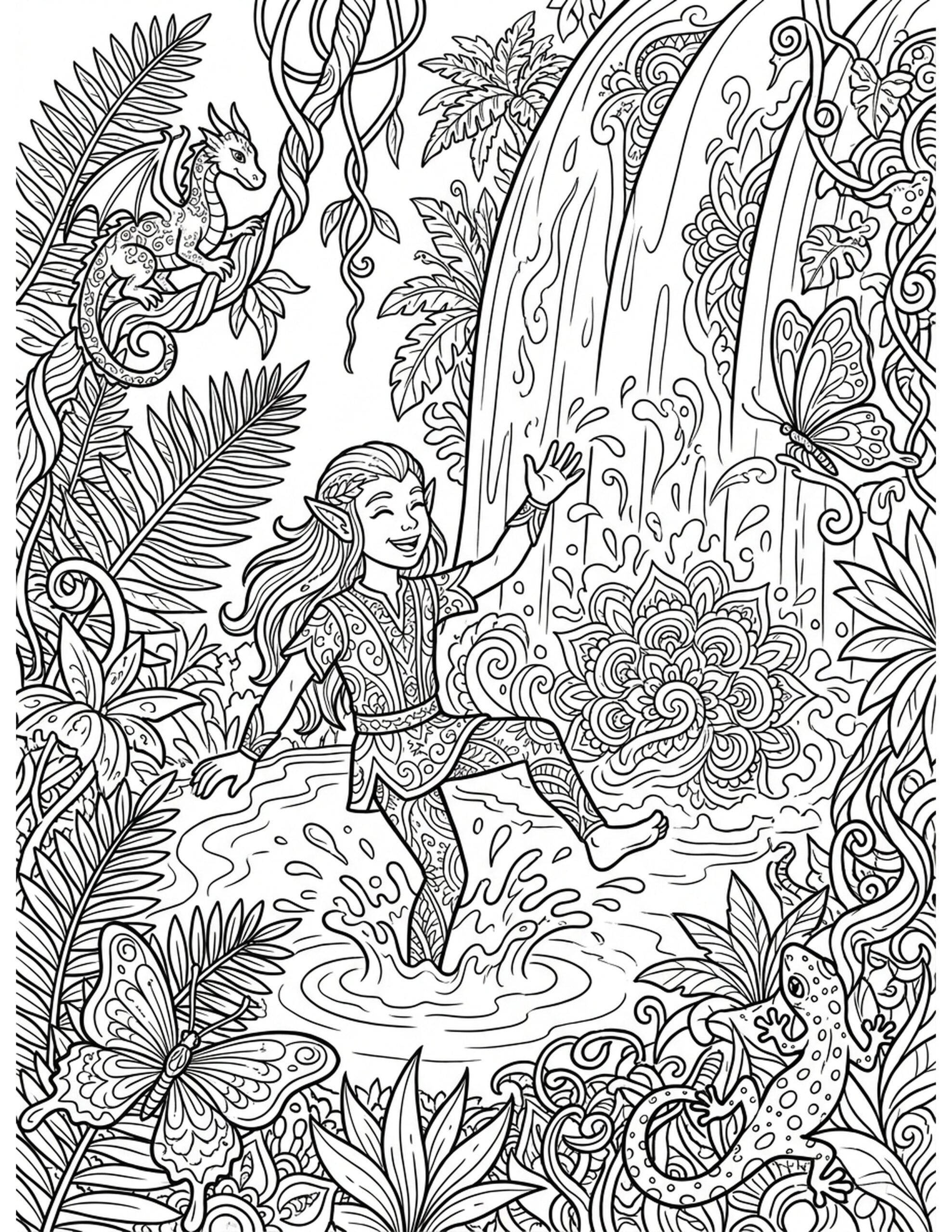 Elf at the Waterfall Coloring Page