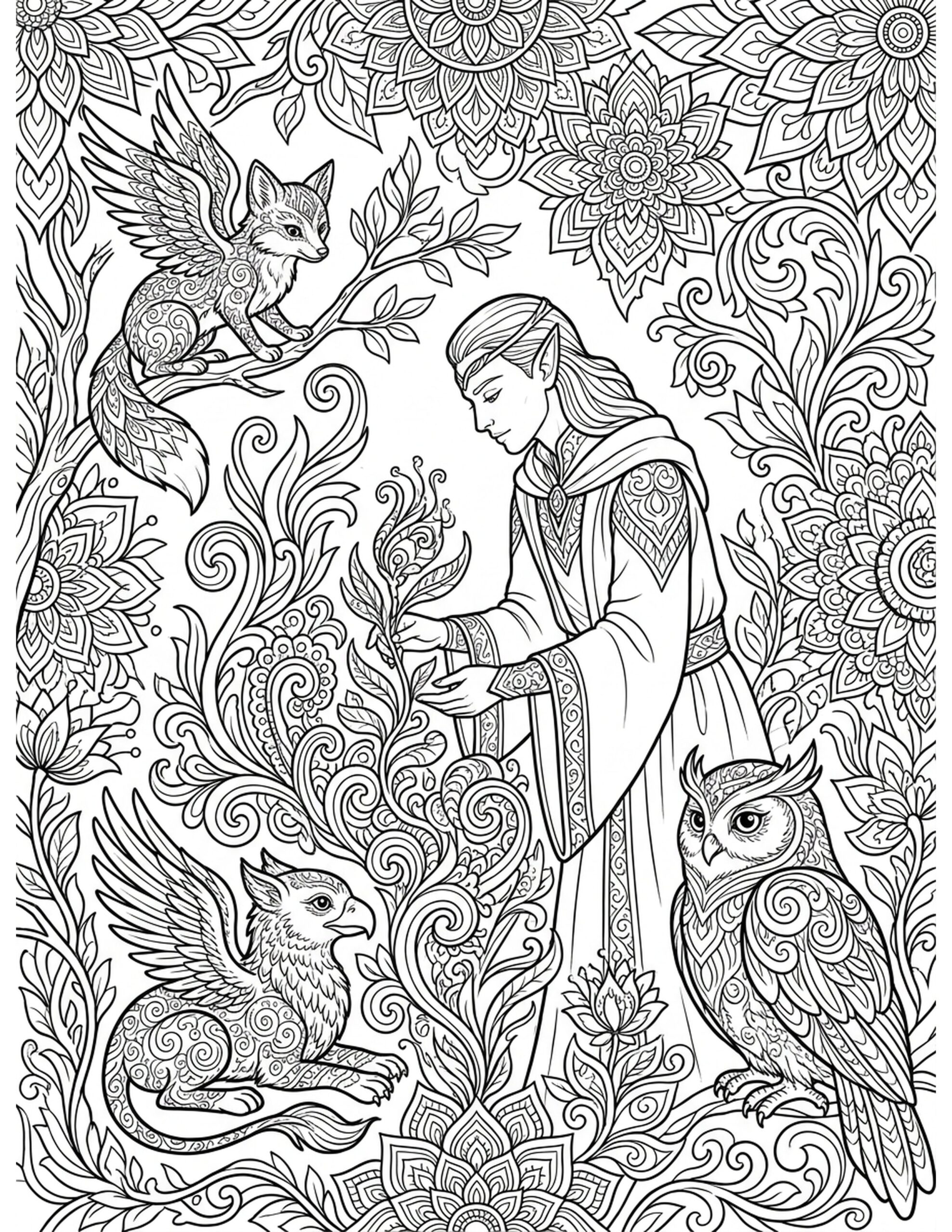Elven Healer in a Garden Coloring Page
