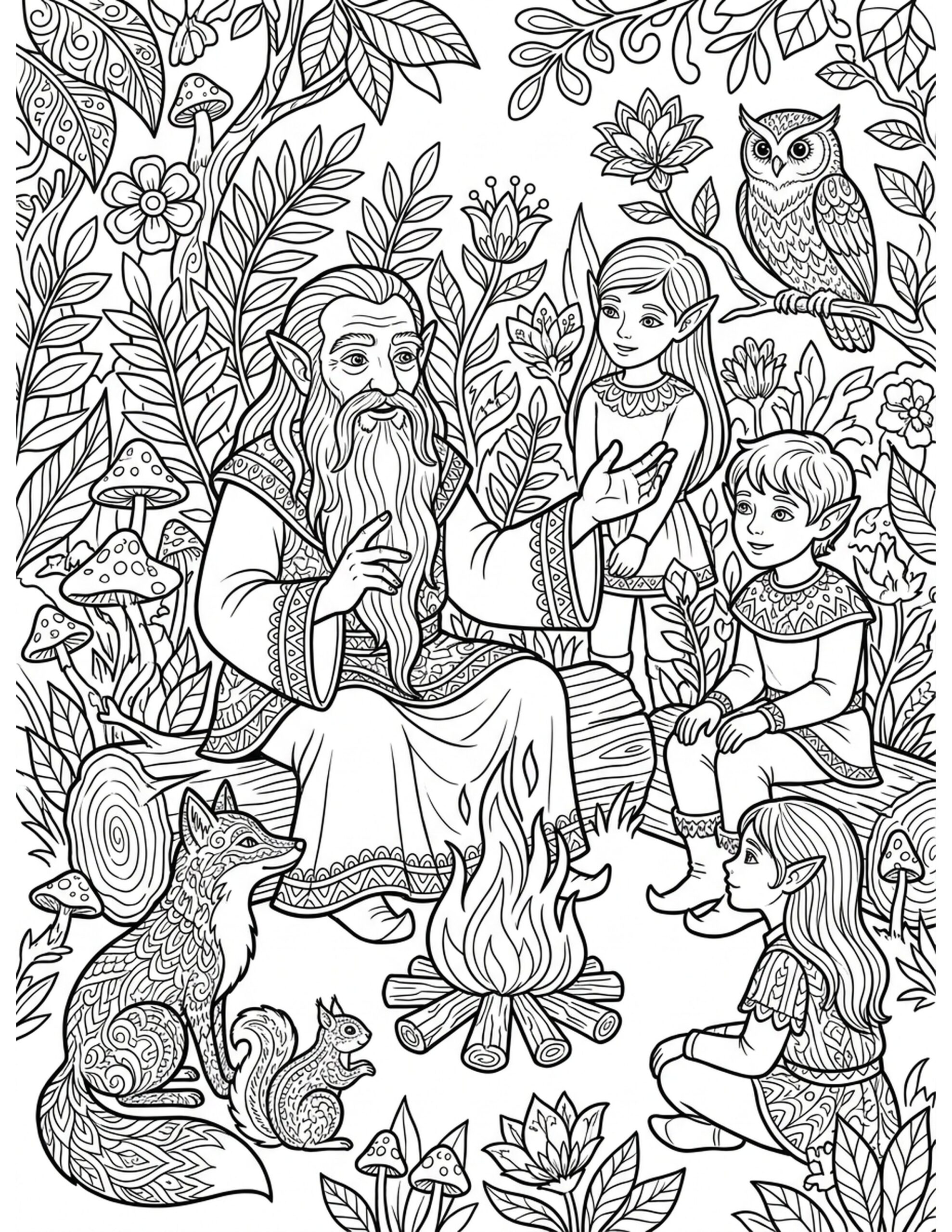 Elder Elf Storyteller Coloring Page