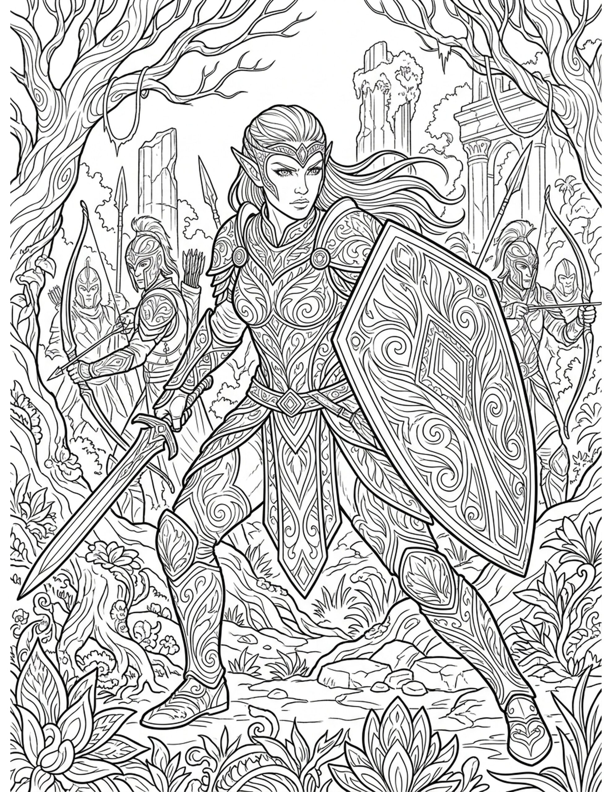 Elven Shieldmaiden Coloring Page