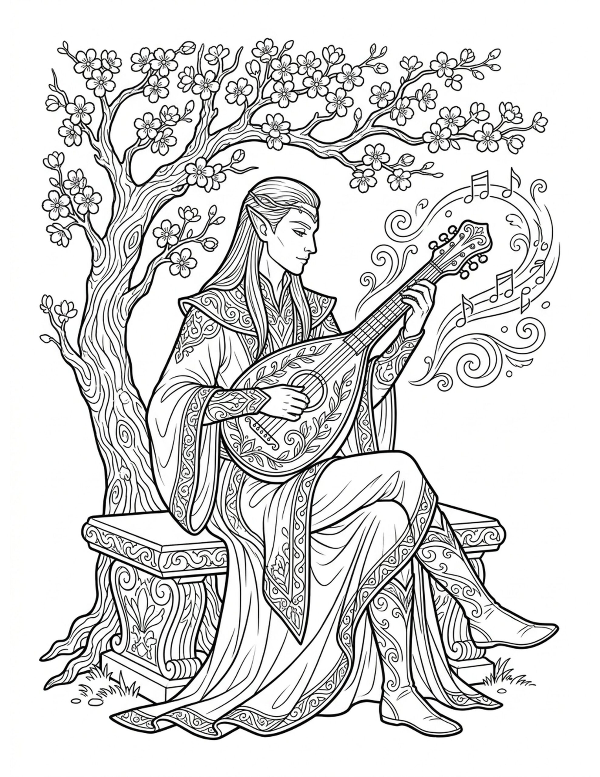 Elven Musician Playing a Lute Coloring Page