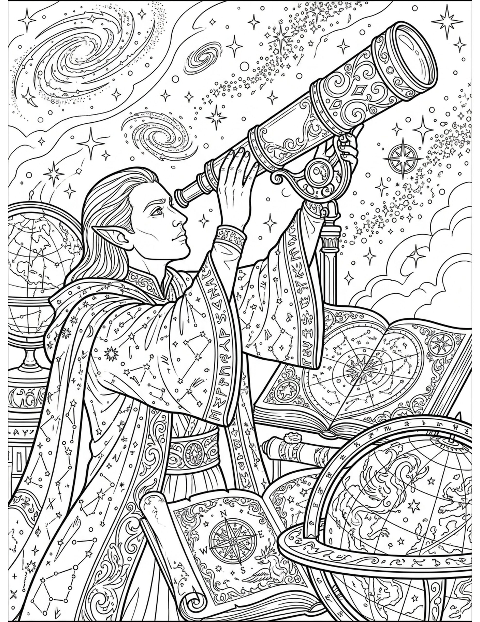 Elven Astronomer Observing Stars Coloring Page