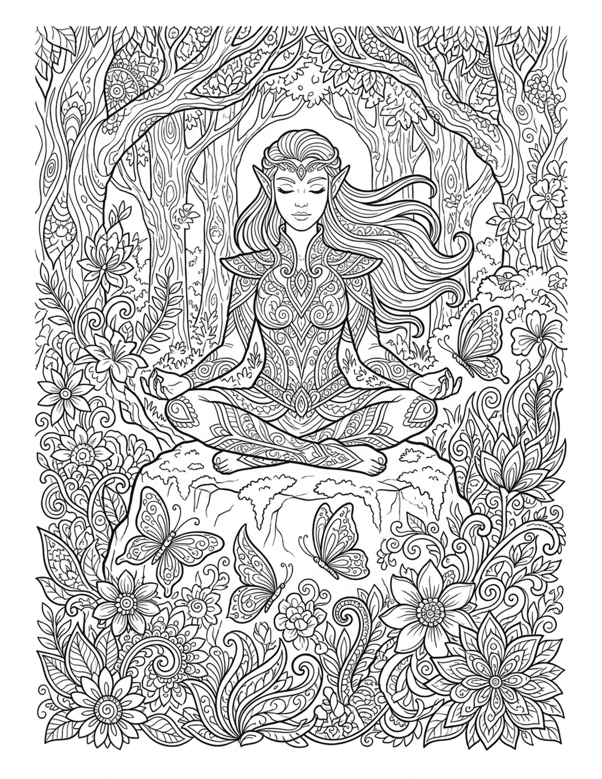 Peaceful Elf Surrounded by Nature Coloring Page