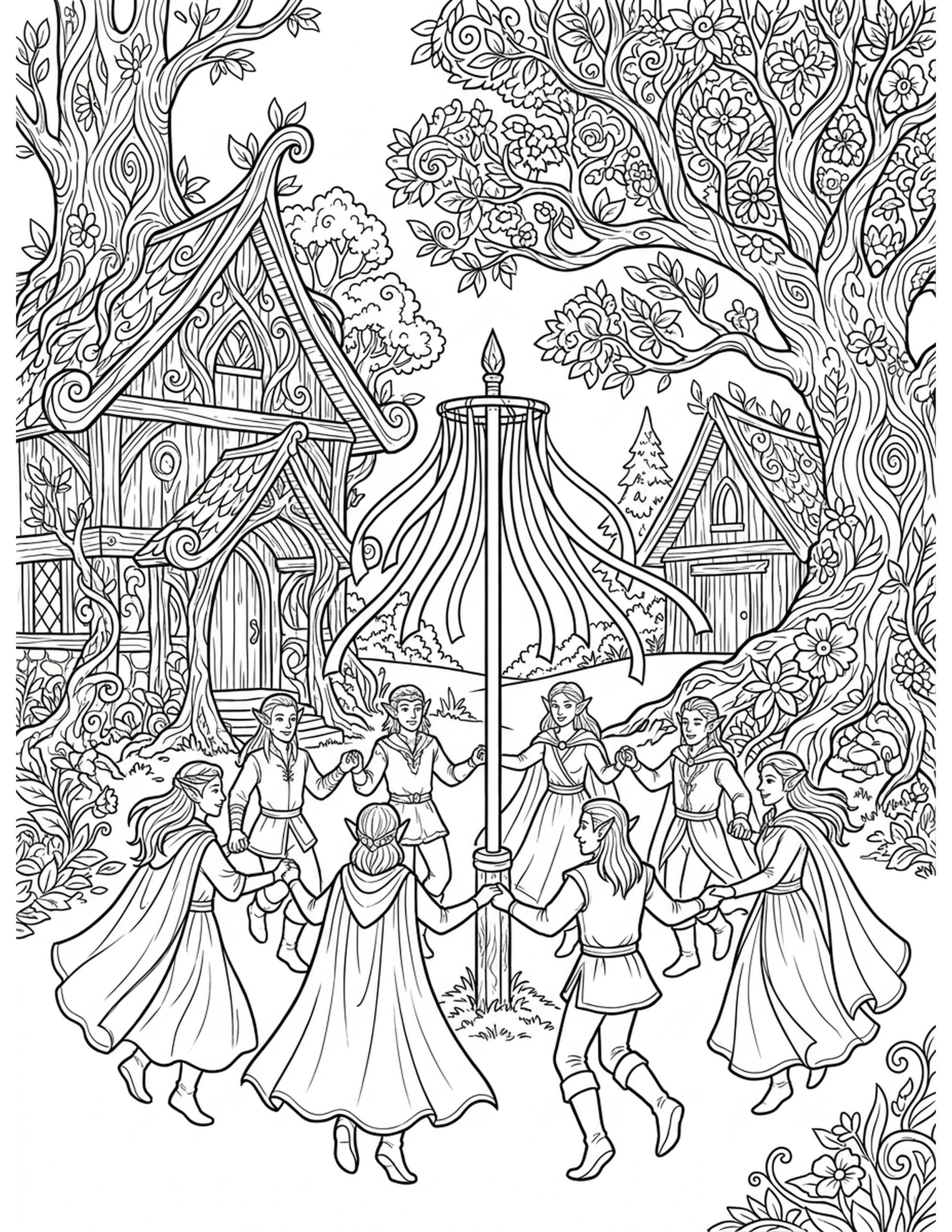 Elven Village Gathering Coloring Page