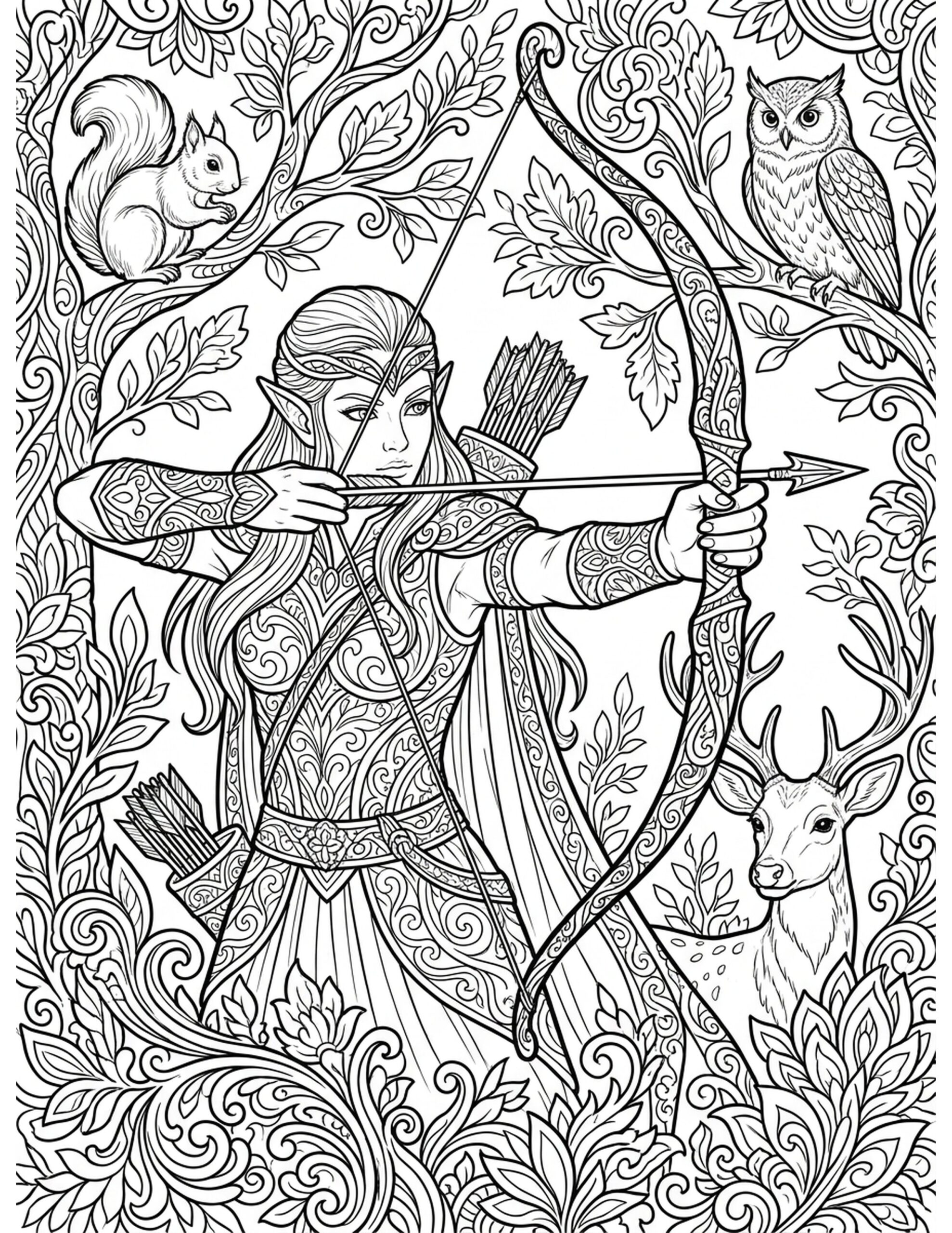 Elf Archer in Action Coloring Page