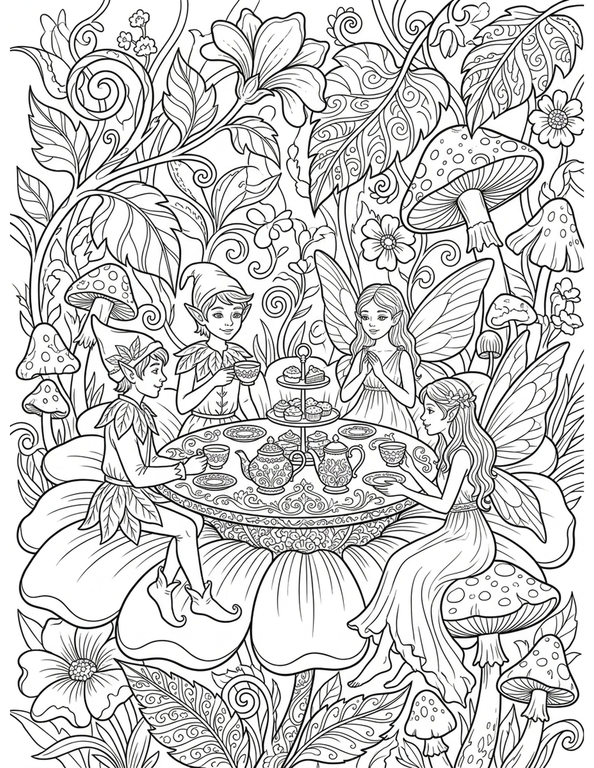 Fairy Tea Party with Elves Coloring Page
