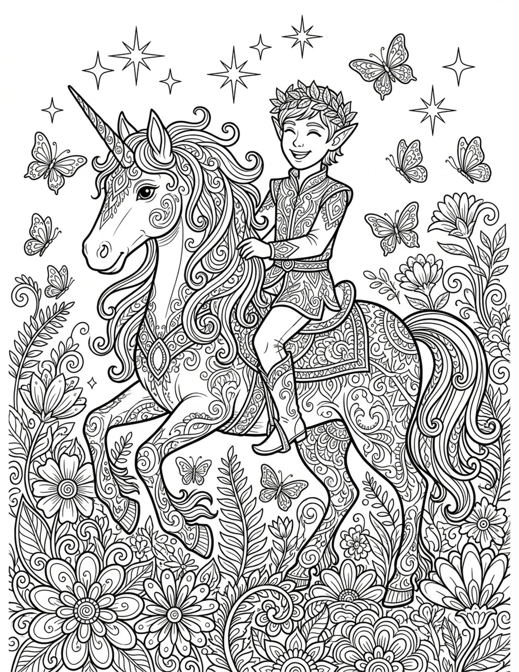Elf Riding a Unicorn Coloring Page