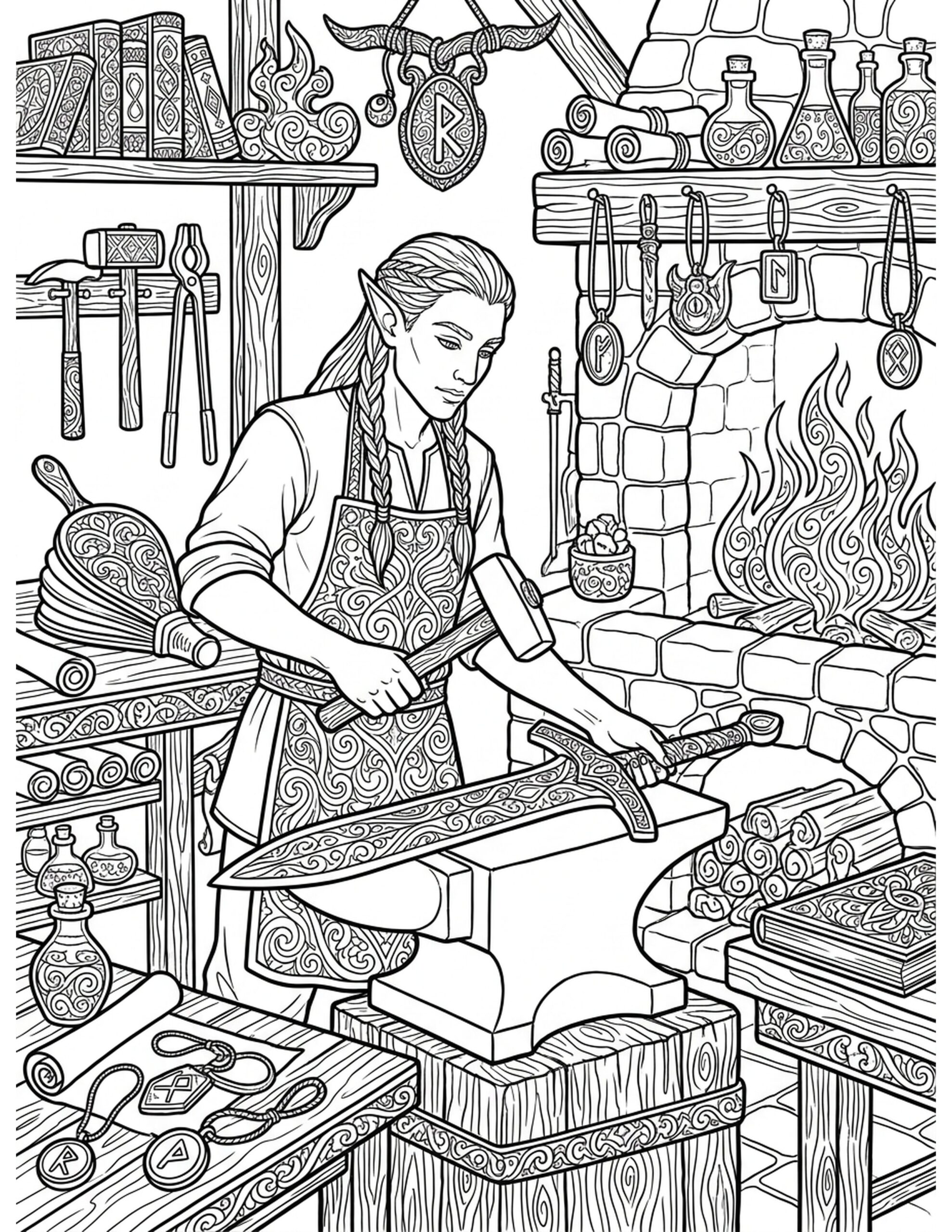 Elven Blacksmith at Work Coloring Page