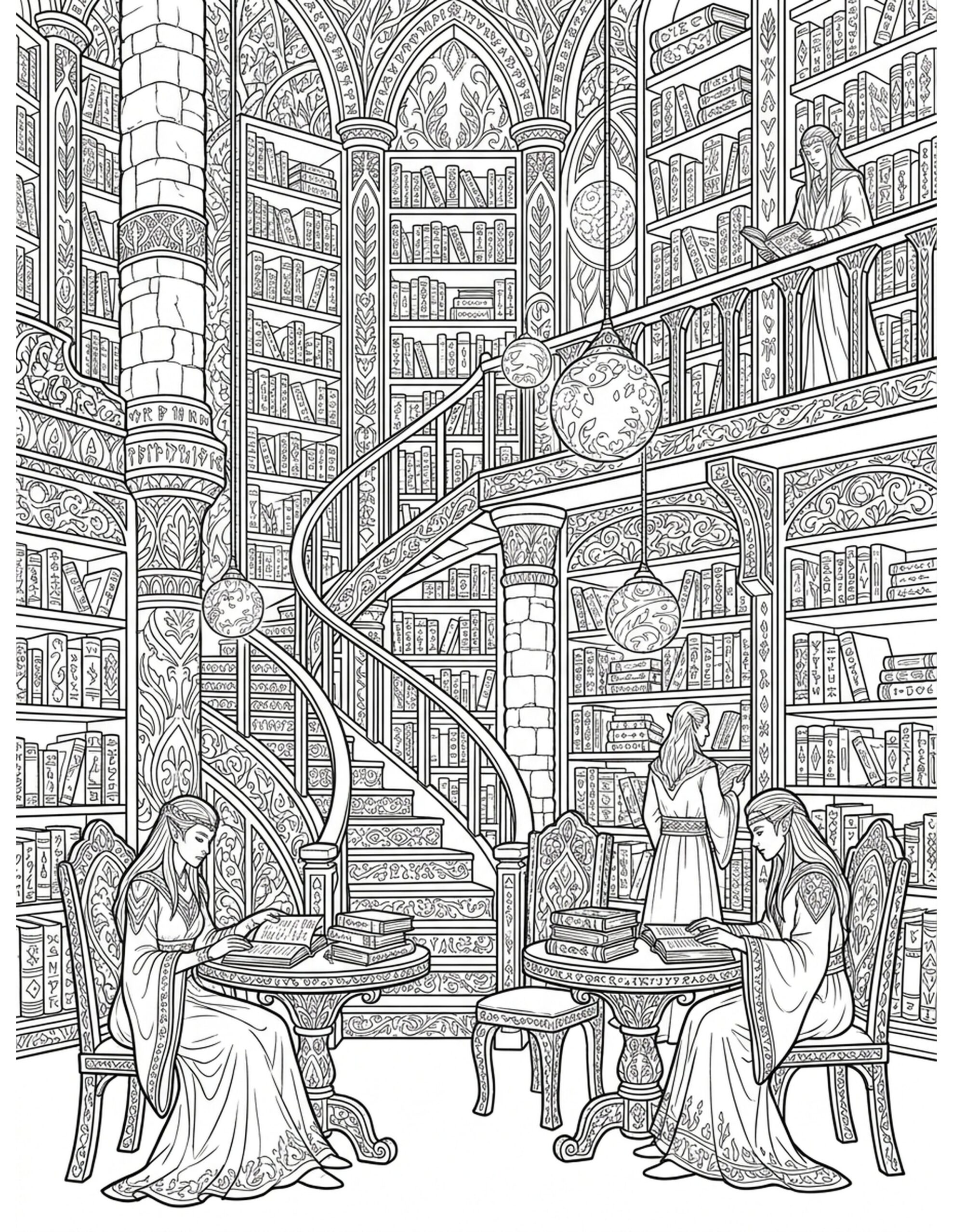 Magical Elven Library Coloring Page