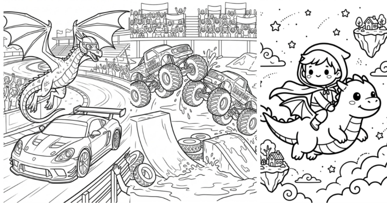 Coloring Pages for Boys — Cars Dragons Heroes