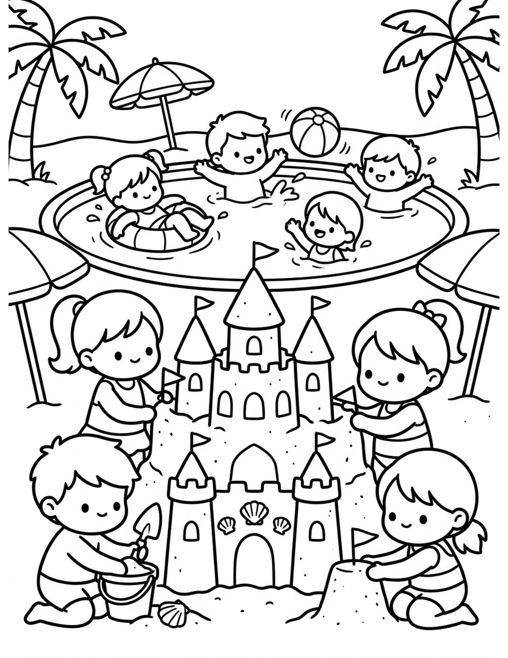 Sandcastle Pool Party Coloring Page