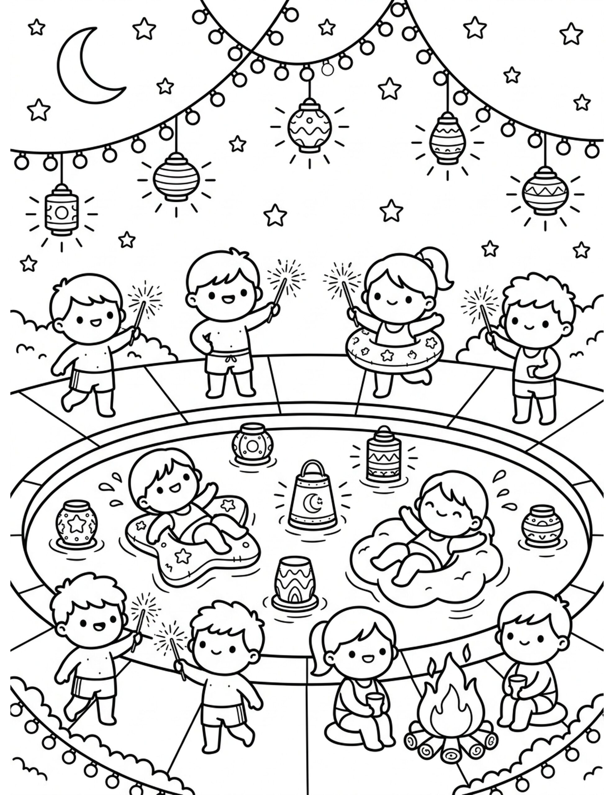 Evening Glow Pool Party Coloring Page
