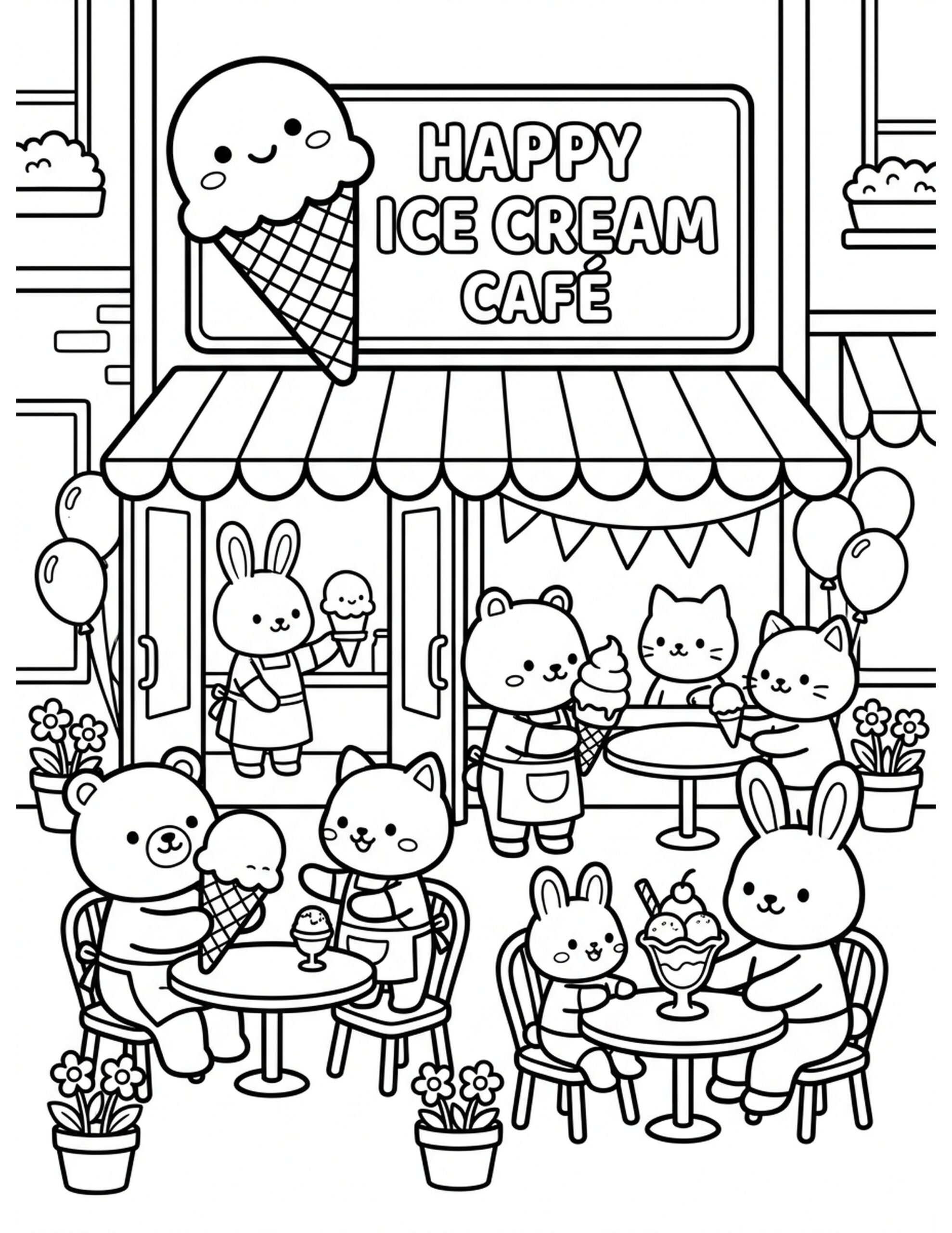 Happy Ice Cream Café Coloring Page
