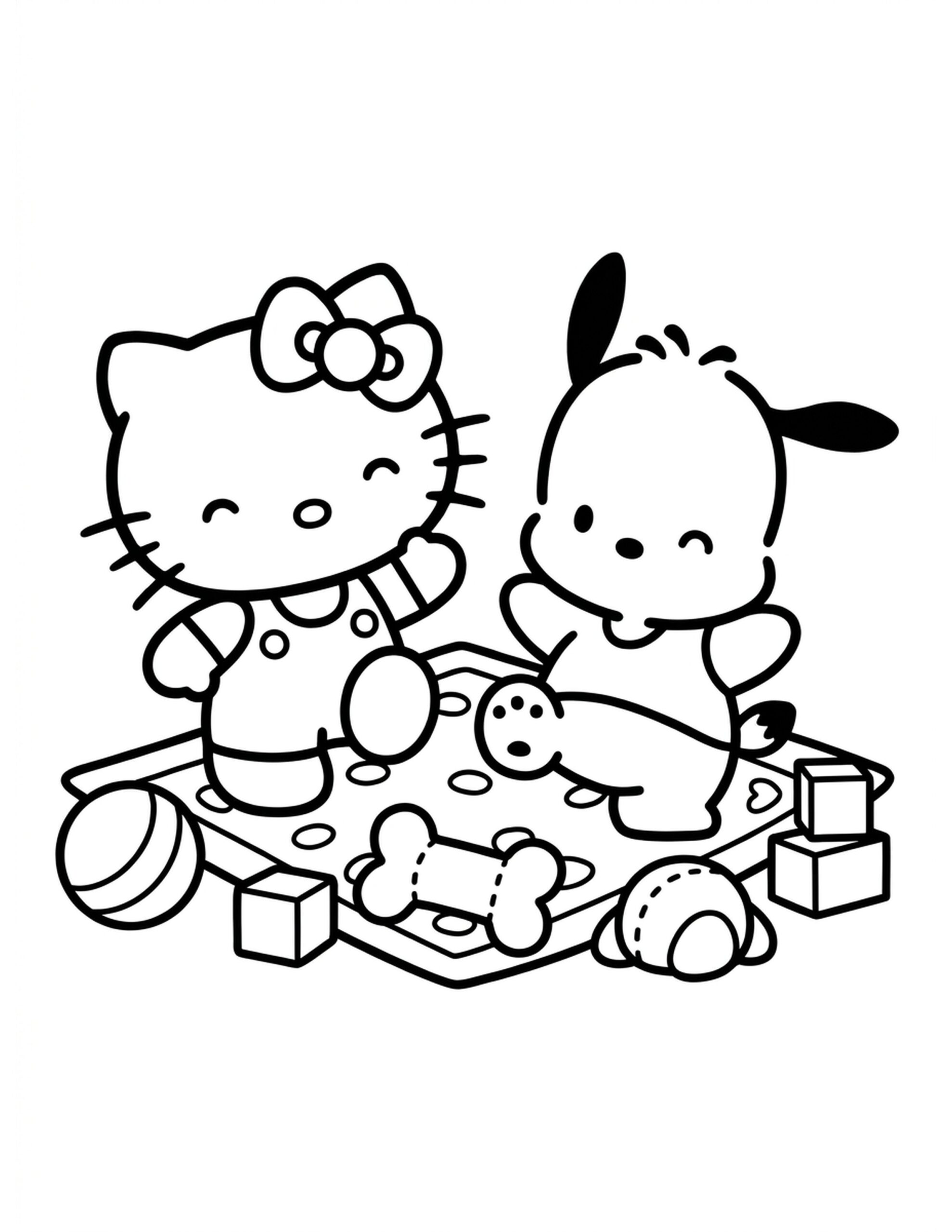 Hello Kitty with Her Pet Pochacco Coloring Page