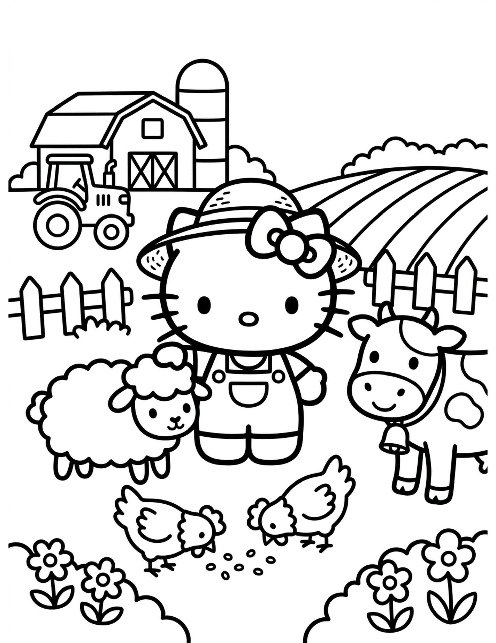 Hello Kitty's Farm Day Coloring Page