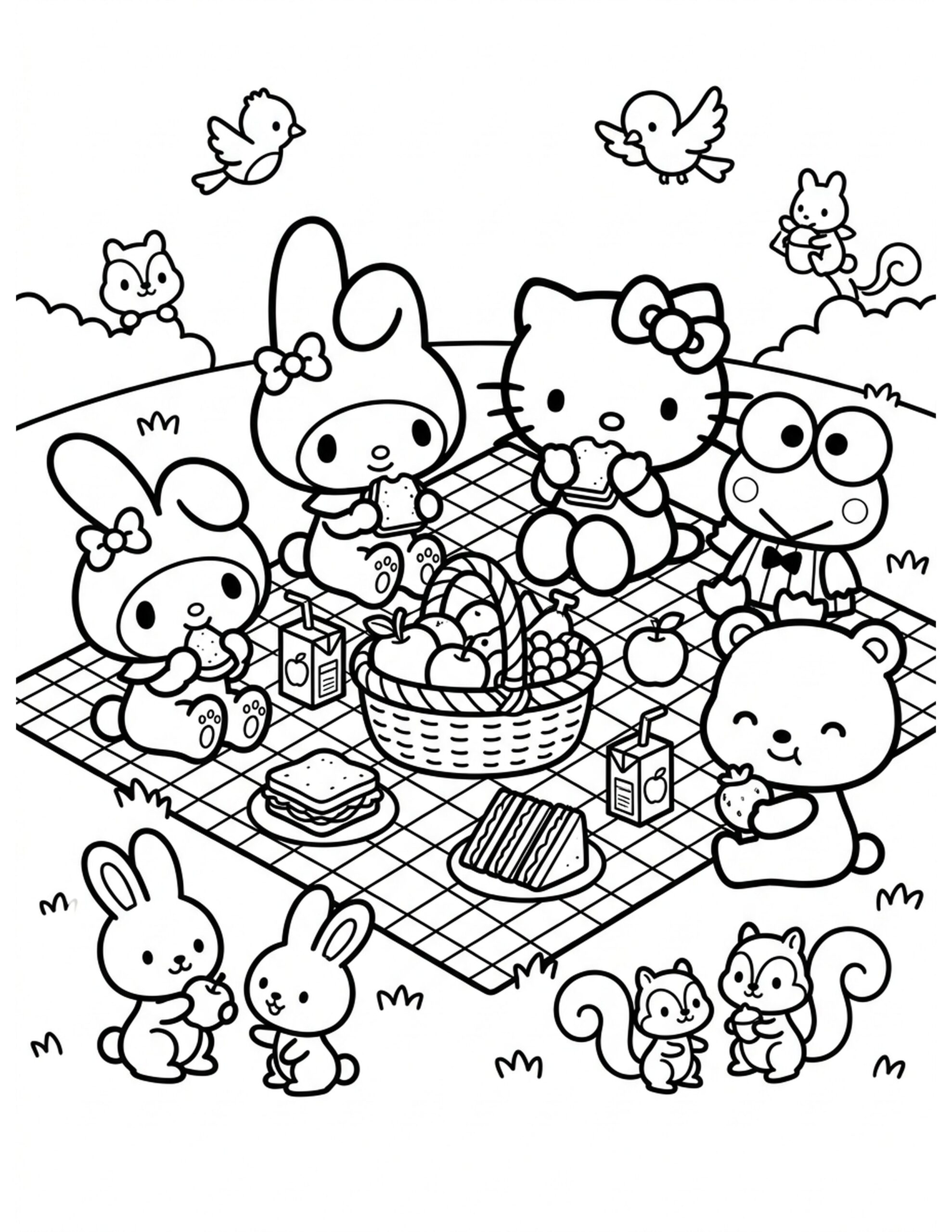 Hello Kitty and Friends Picnic Coloring Page
