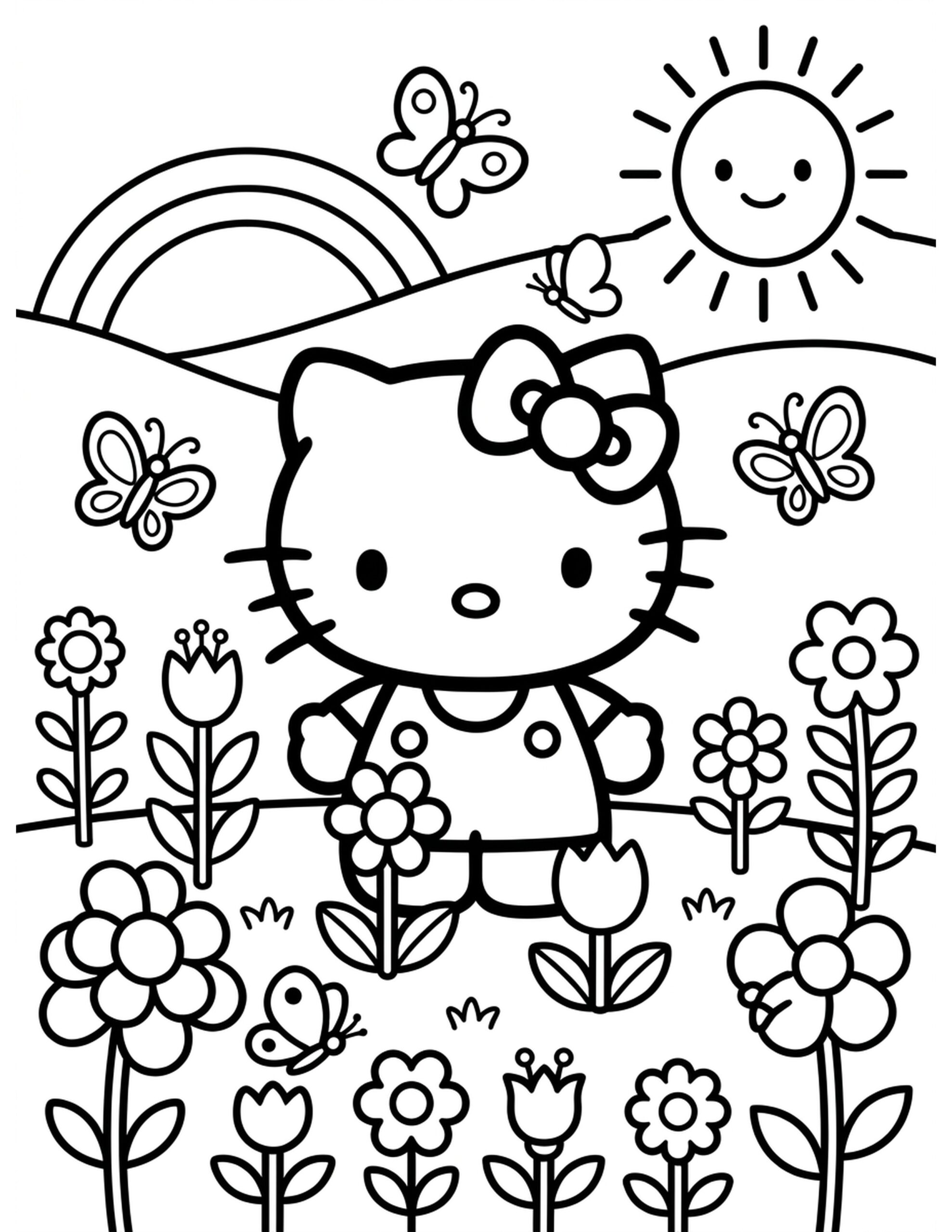 Hello Kitty in a Flower Garden Coloring Page