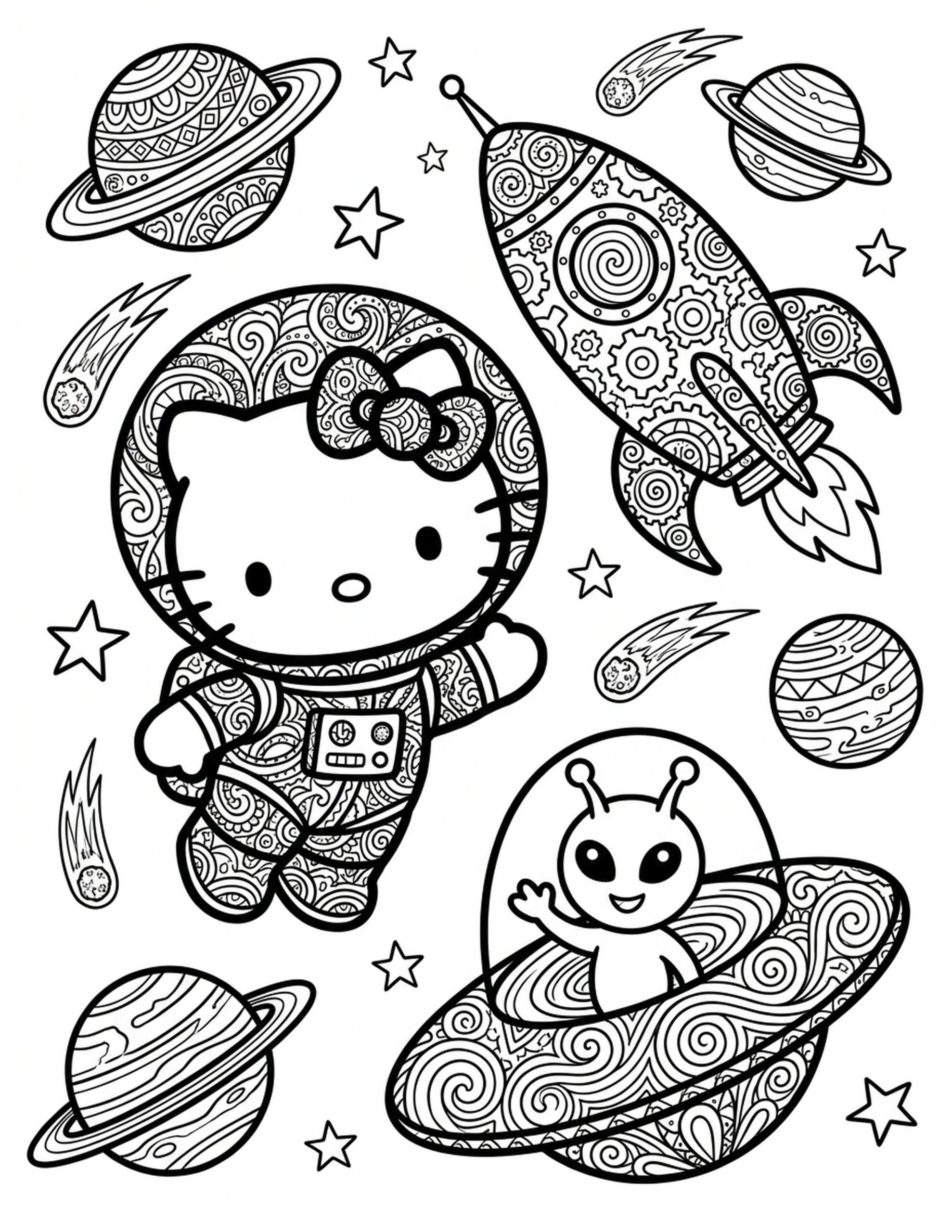 Hello Kitty in Space Coloring Page