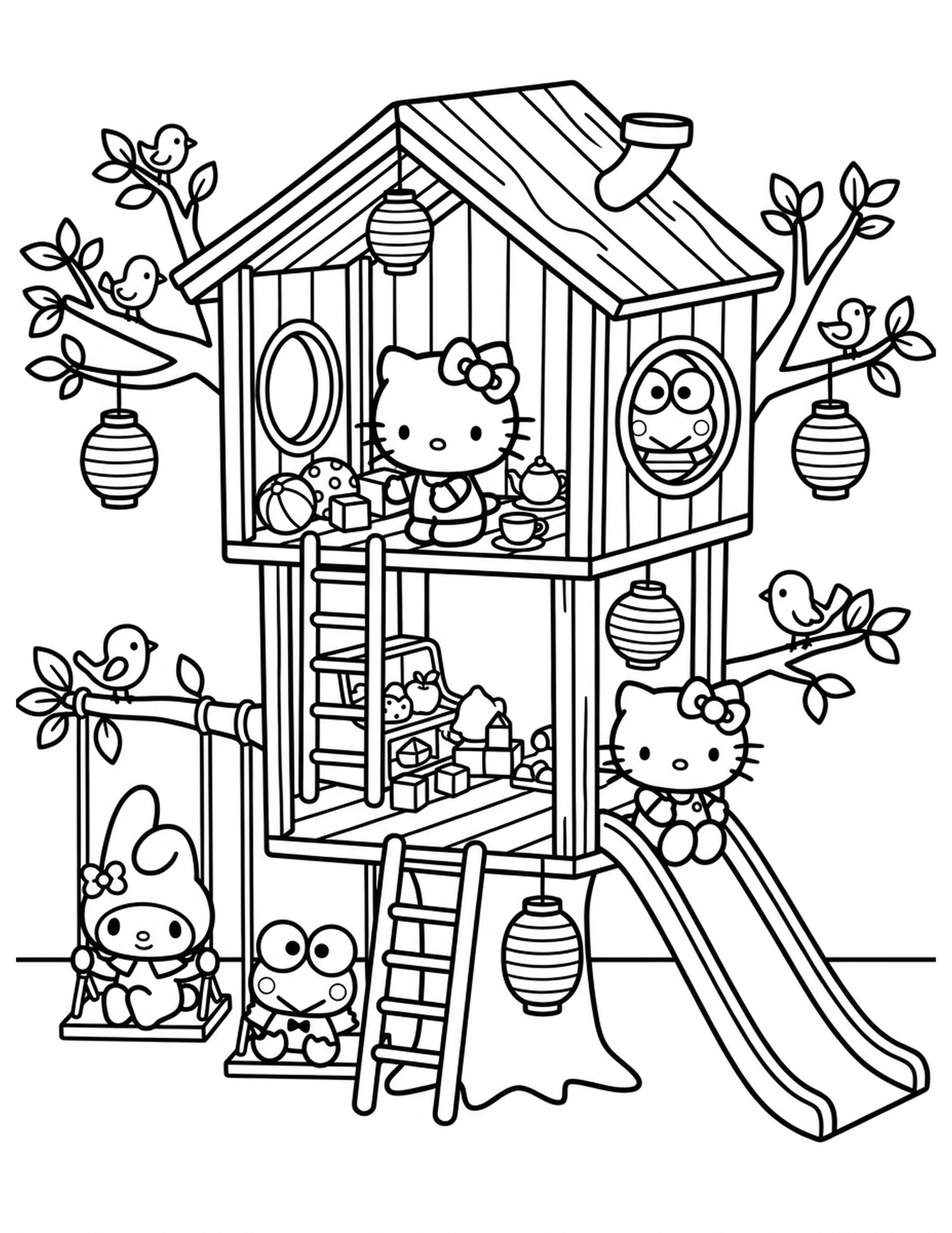 Hello Kitty in a Treehouse Coloring Page