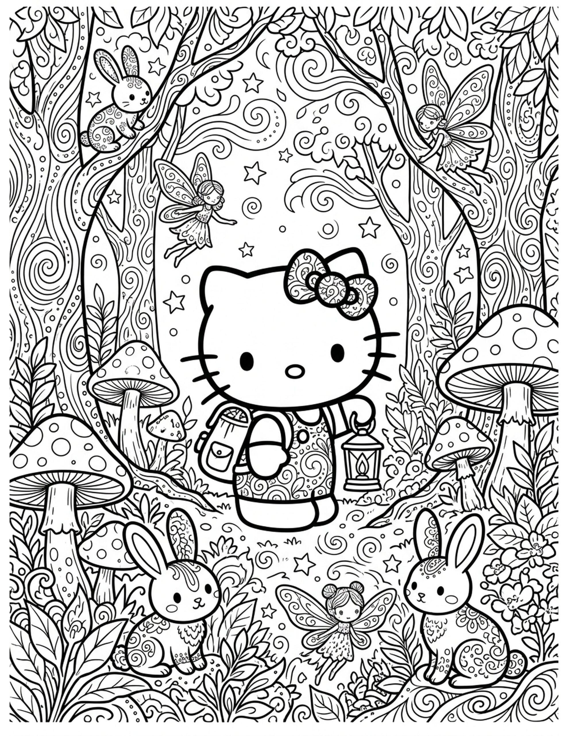 Hello Kitty and the Magical Forest Coloring Page