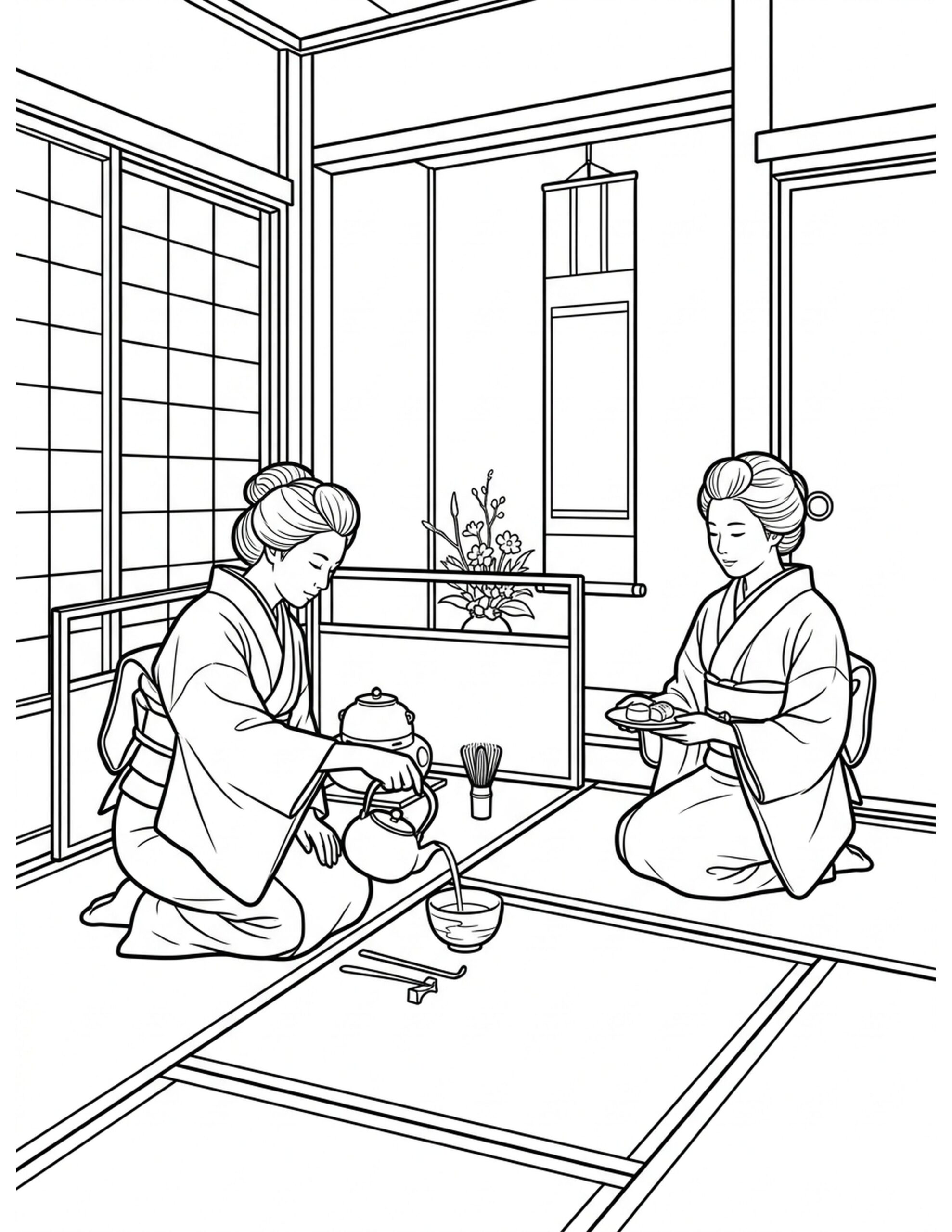 Elegant Tea Ceremony Coloring Page