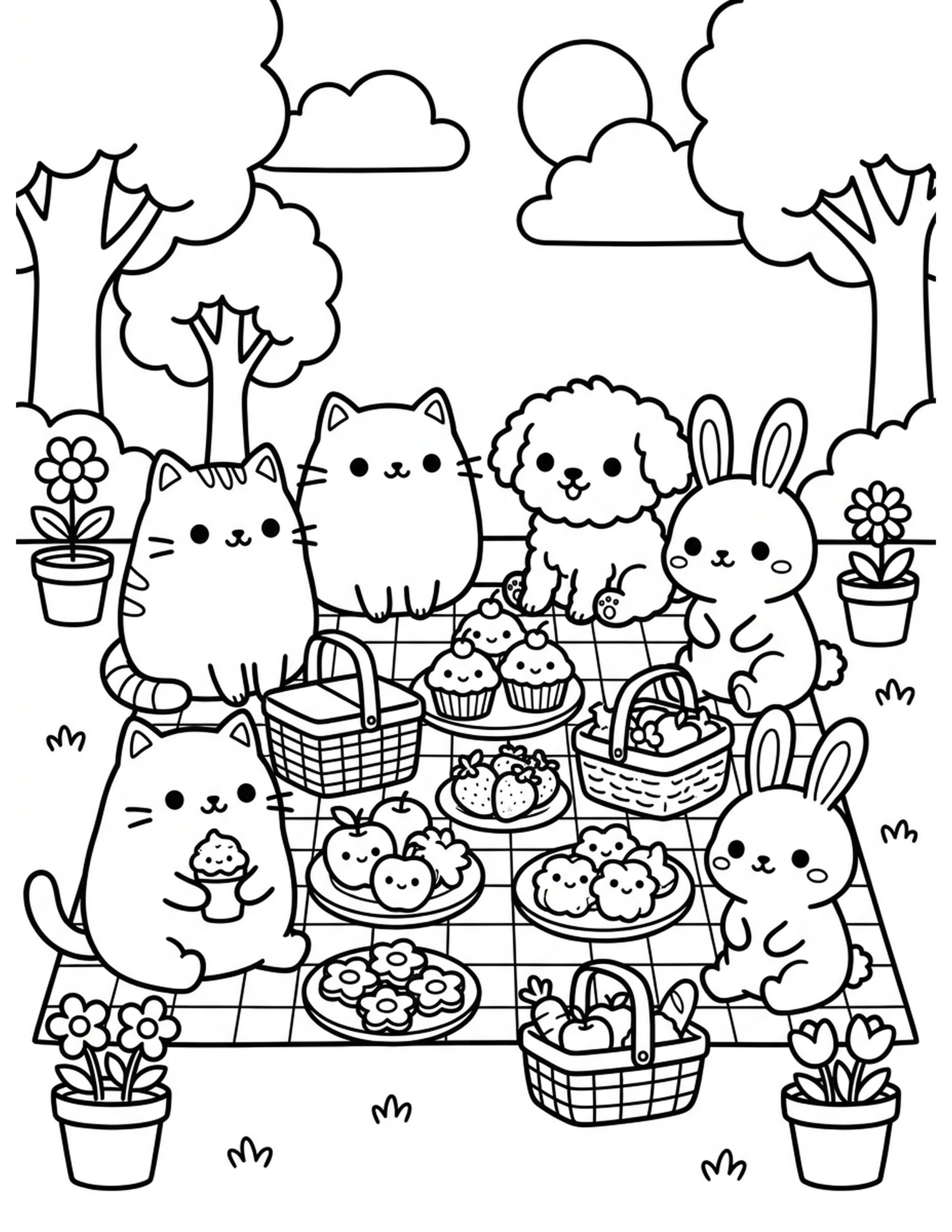 Kawaii Animals Gathering Coloring Page
