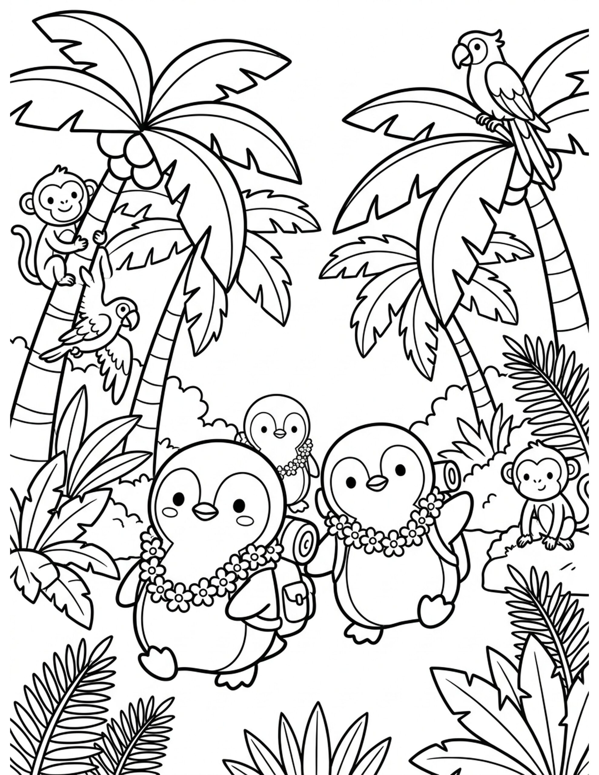 Playful Penguins in the Jungle Coloring Page