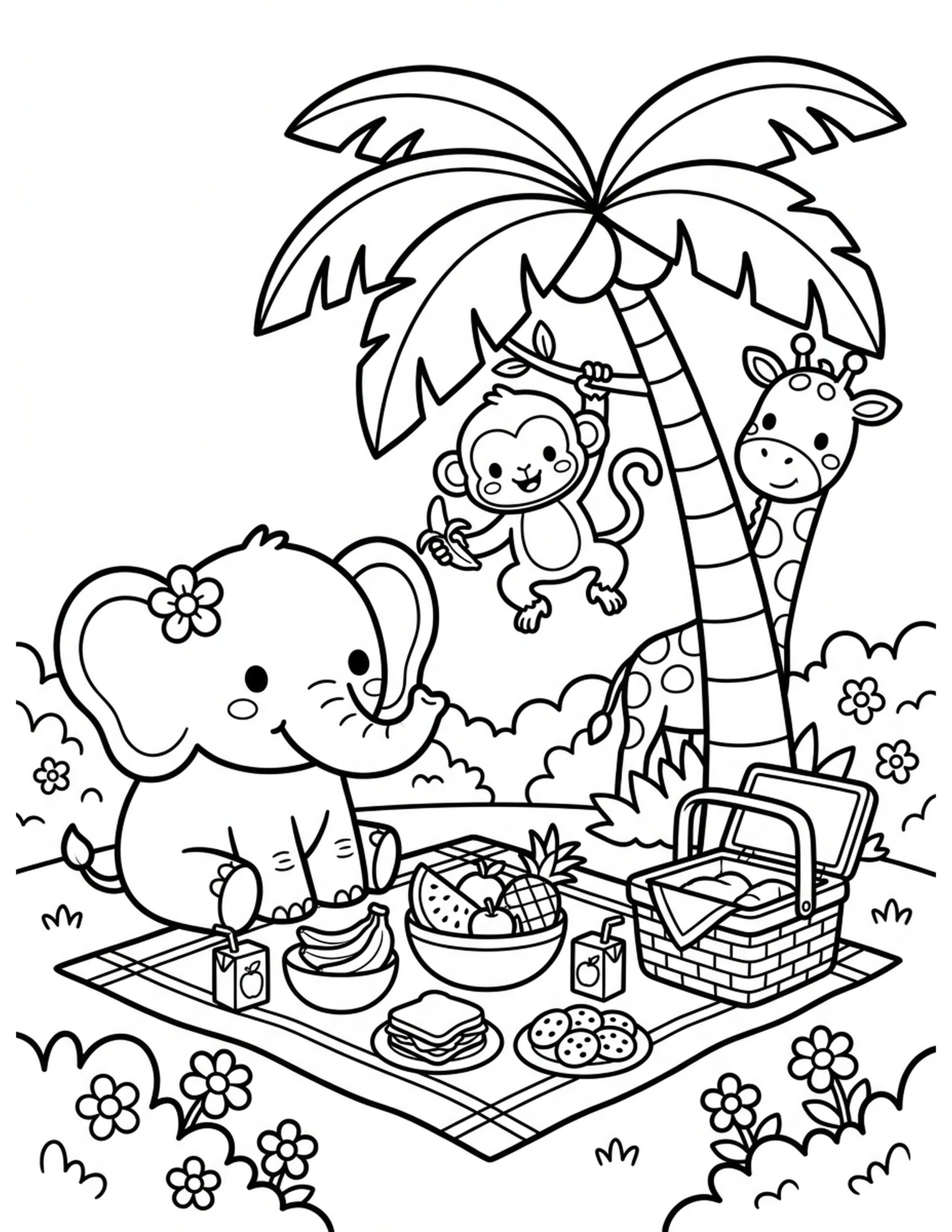 Jungle Friends Picnic Coloring Page