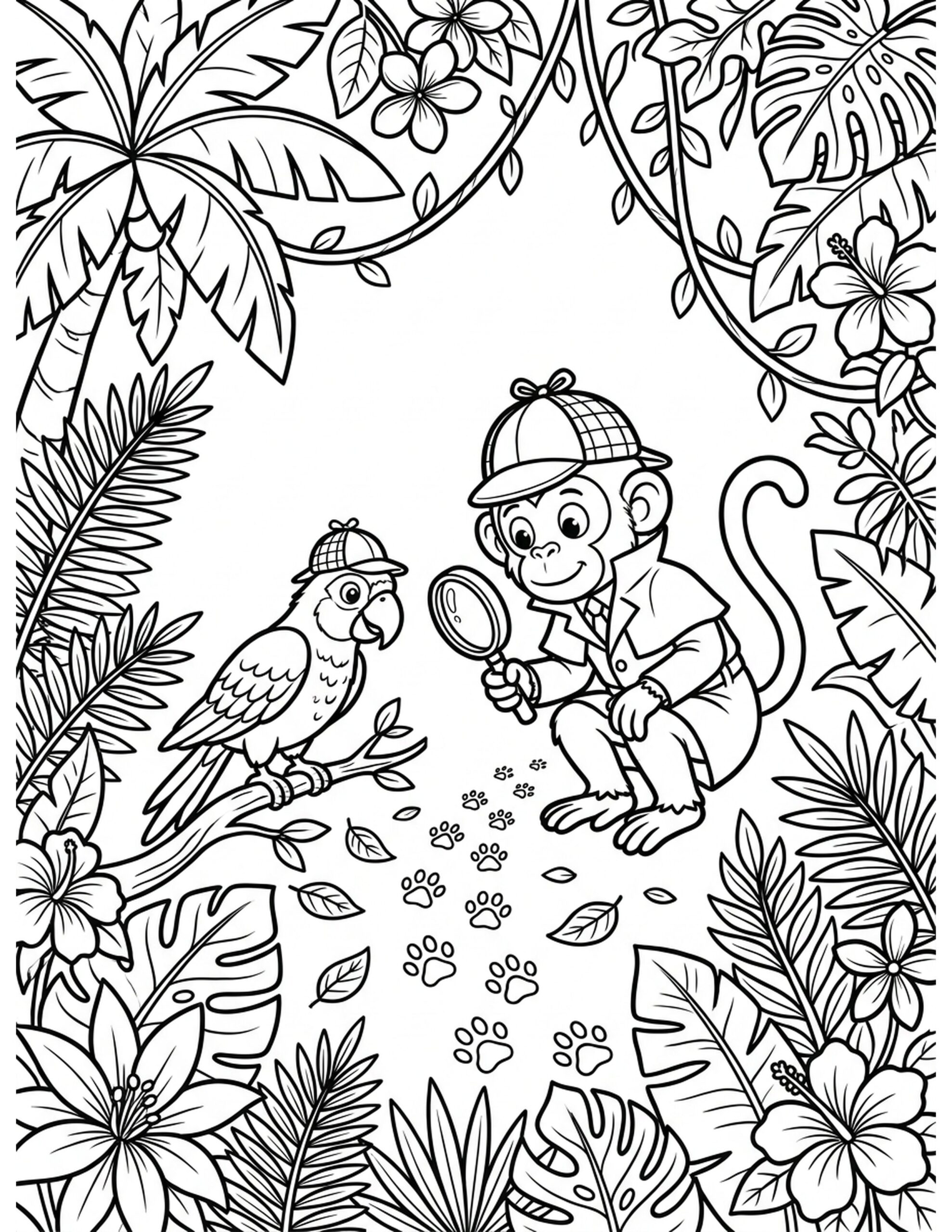 Curious Jungle Investigators Coloring Page
