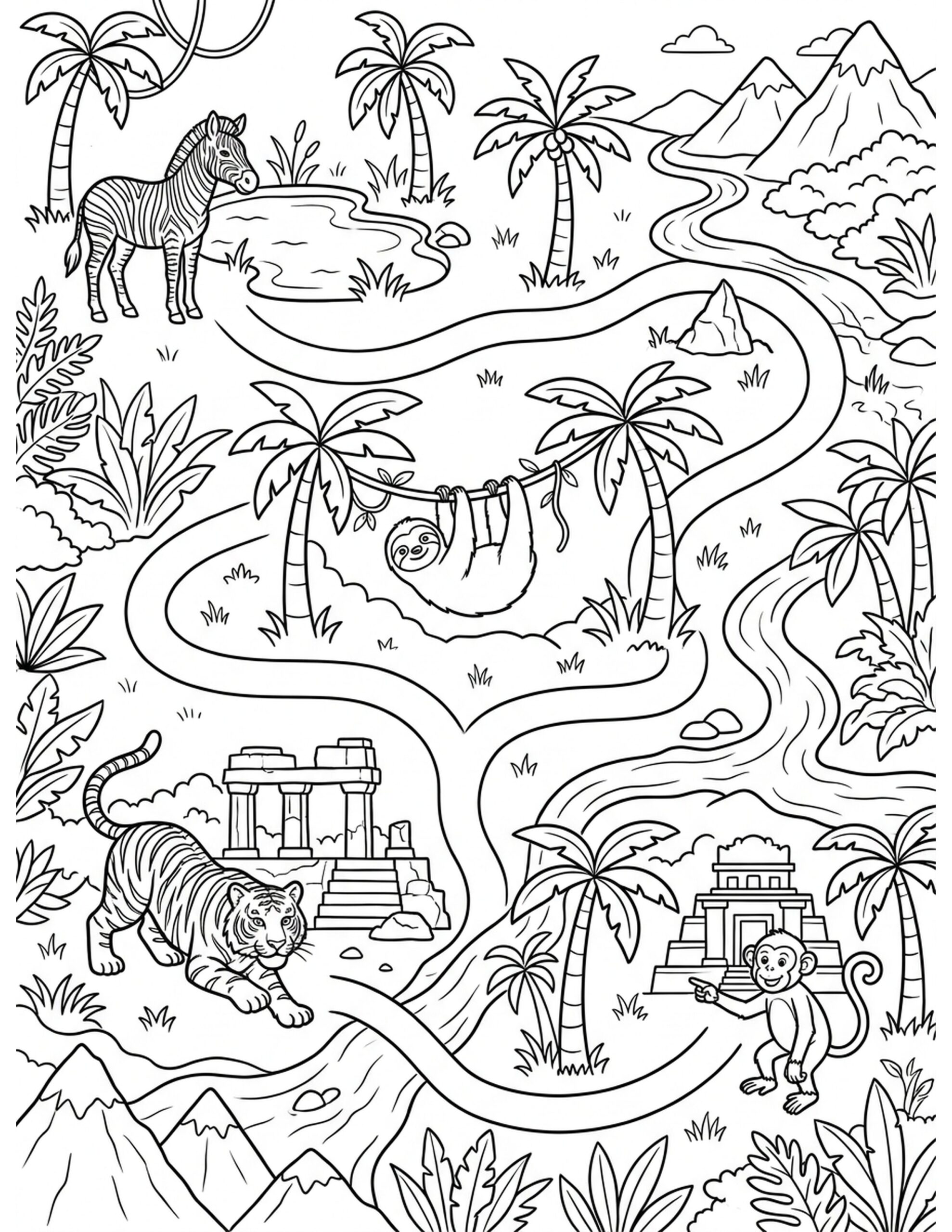 Jungle Adventure Map Coloring Page