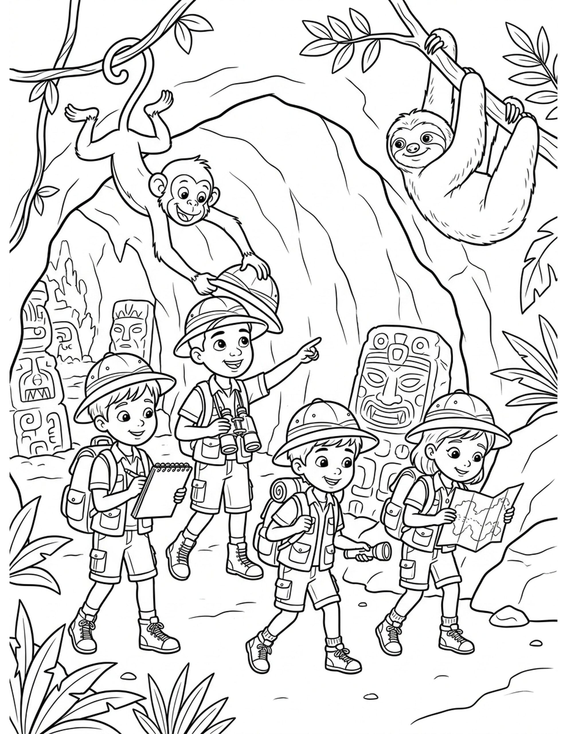 Jungle Exploration Team Coloring Page