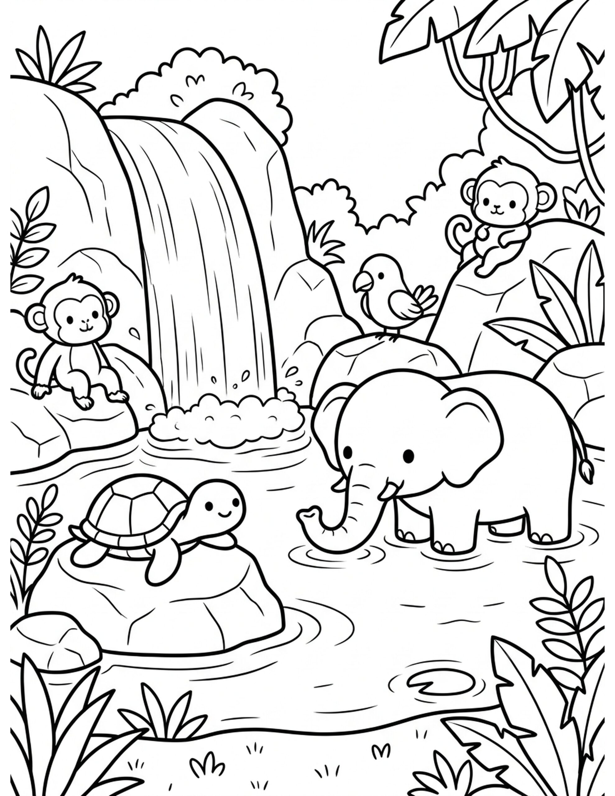 Jungle Waterfall Retreat Coloring Page