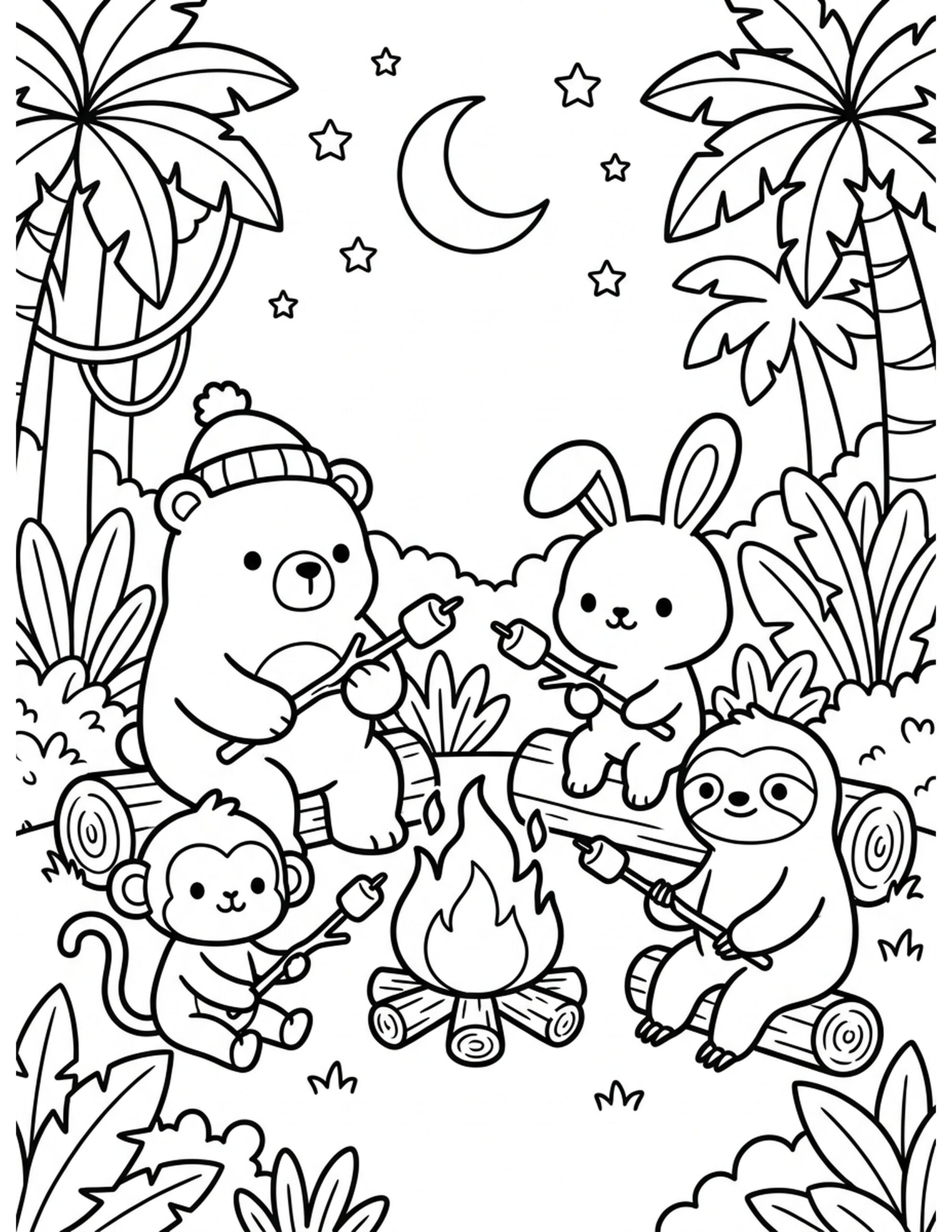 Jungle Campfire Night Coloring Page