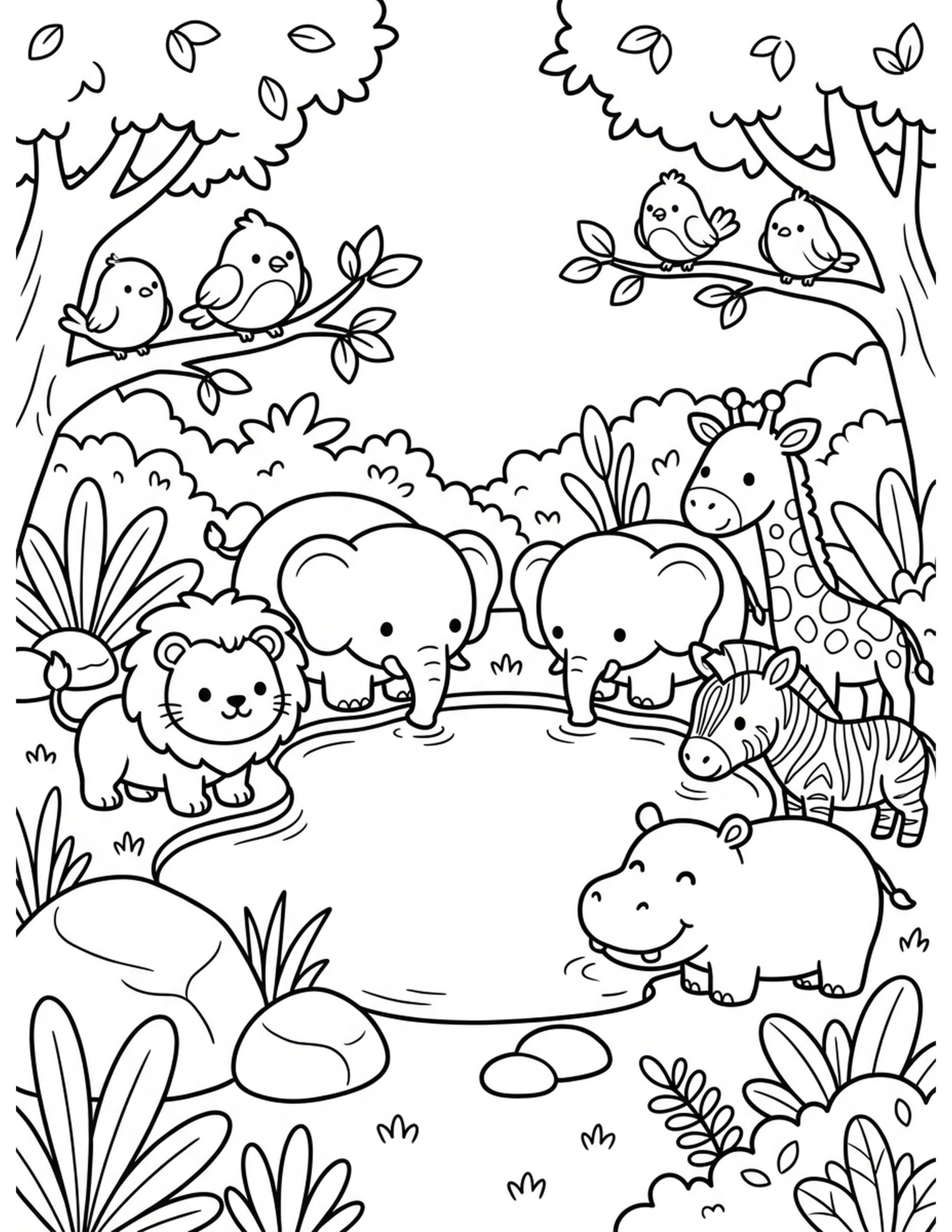 Wildlife Watering Hole Coloring Page