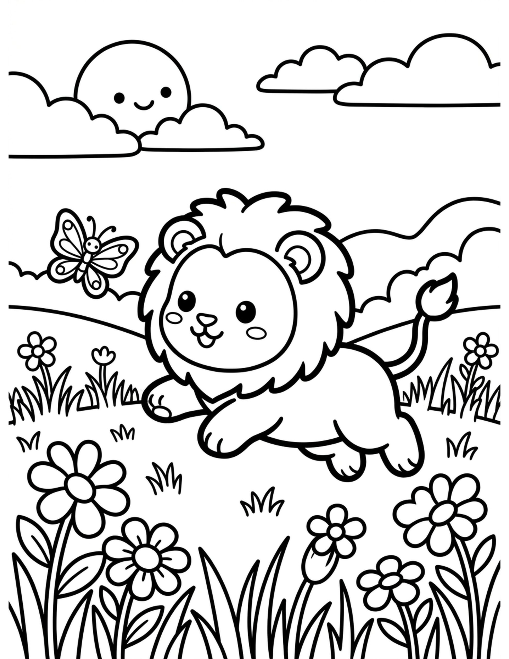 Baby Lion and Butterfly Coloring Page