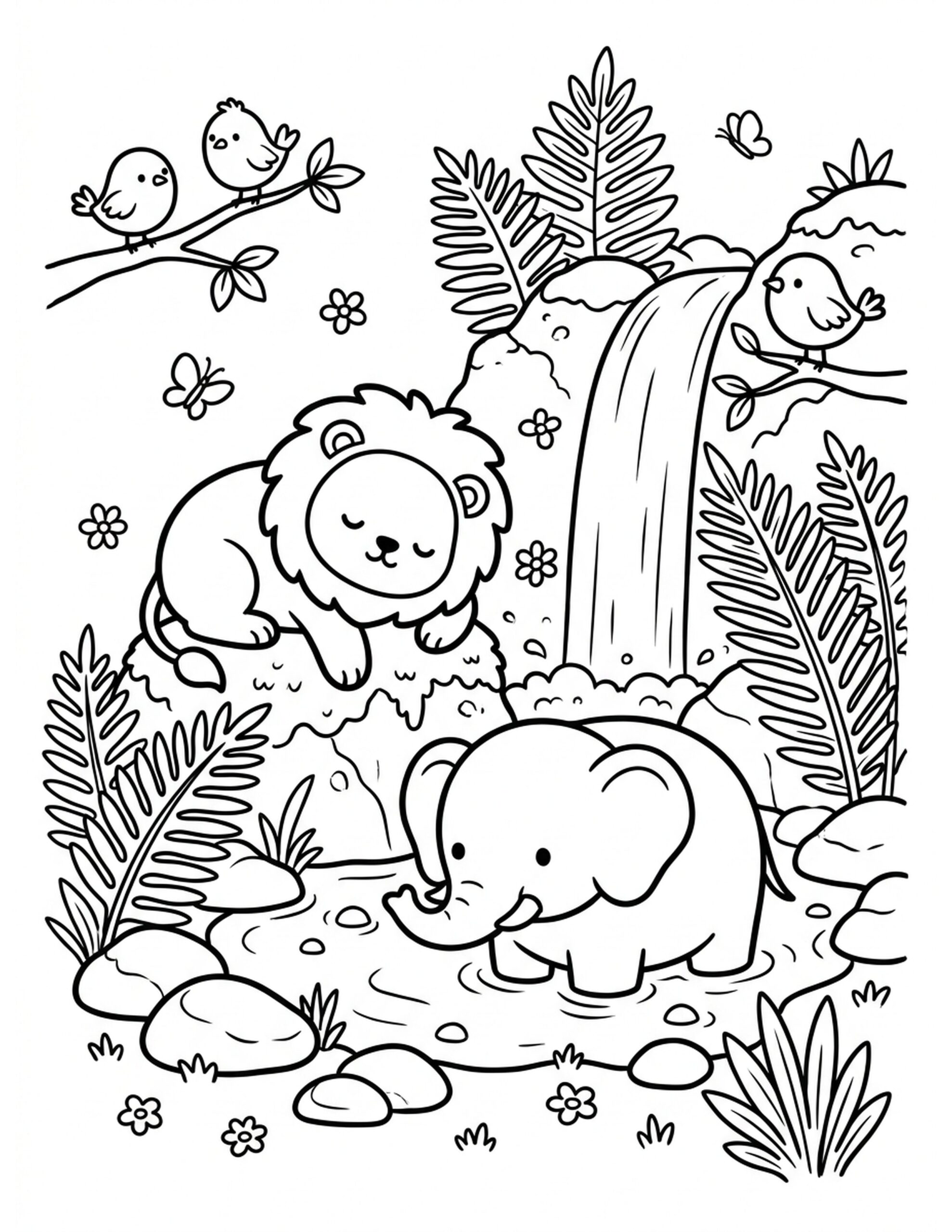Relaxing by the Waterfall Coloring Page