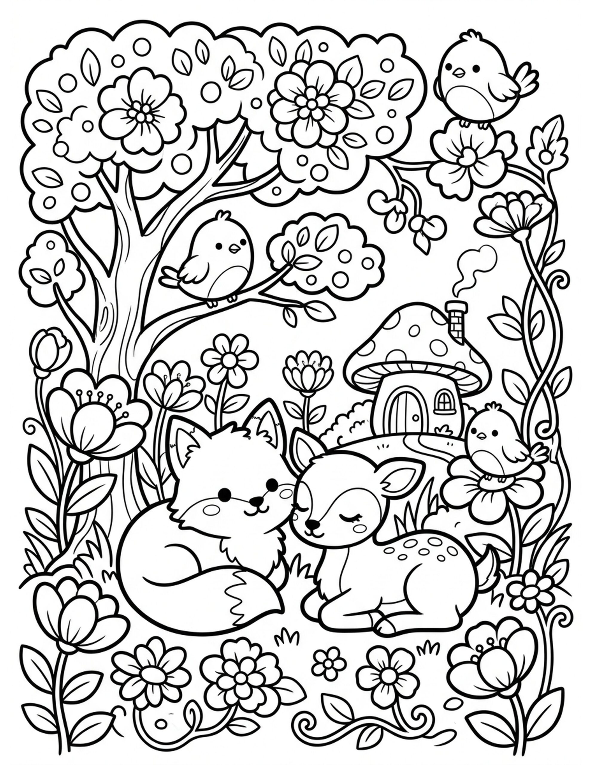 Whimsical Wildlife Retreat Coloring Page