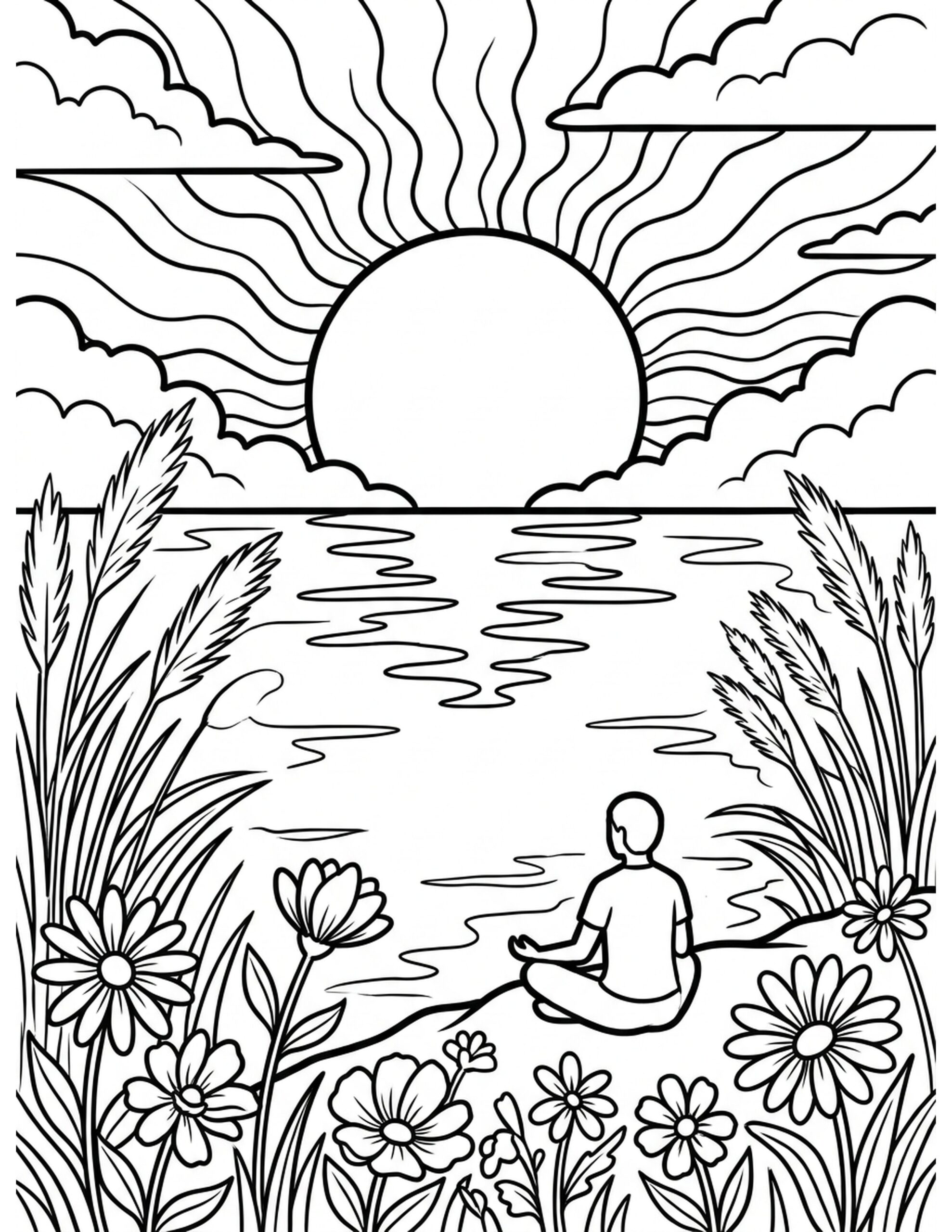 Sunset Reflection Pond Coloring Page